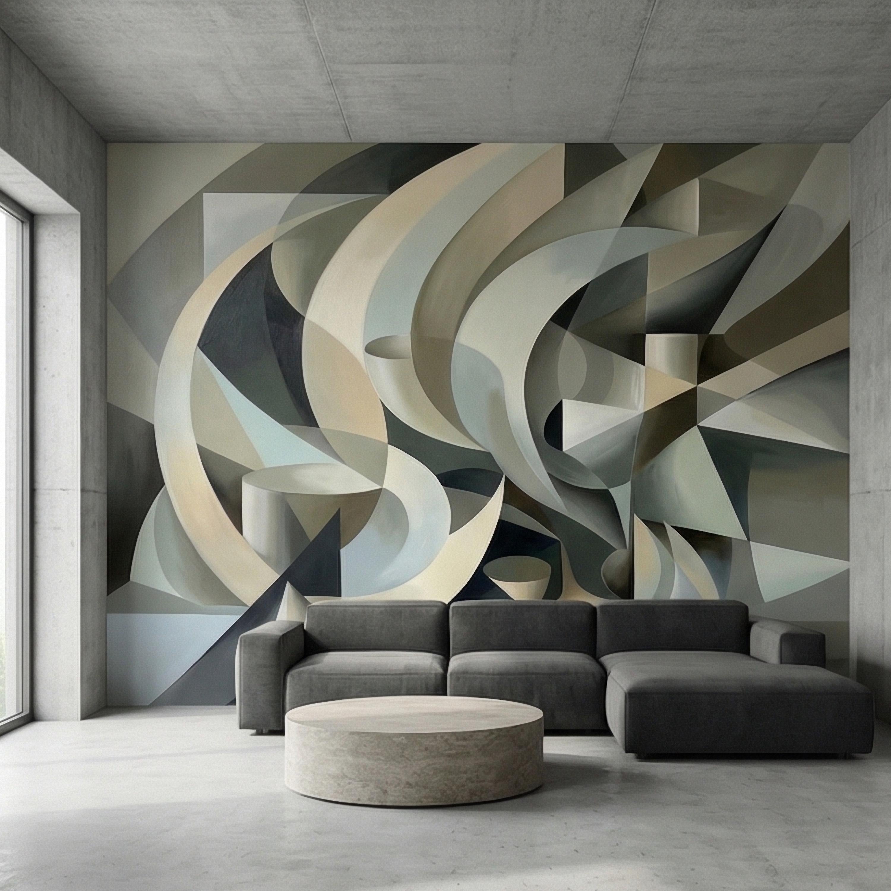 Abstract 3D Ribbon Waves Illusion Blue Gray Beige Peel and Stick Wall Mural, Retro Sculptural Op Art Curves Textured Background Wallpaper