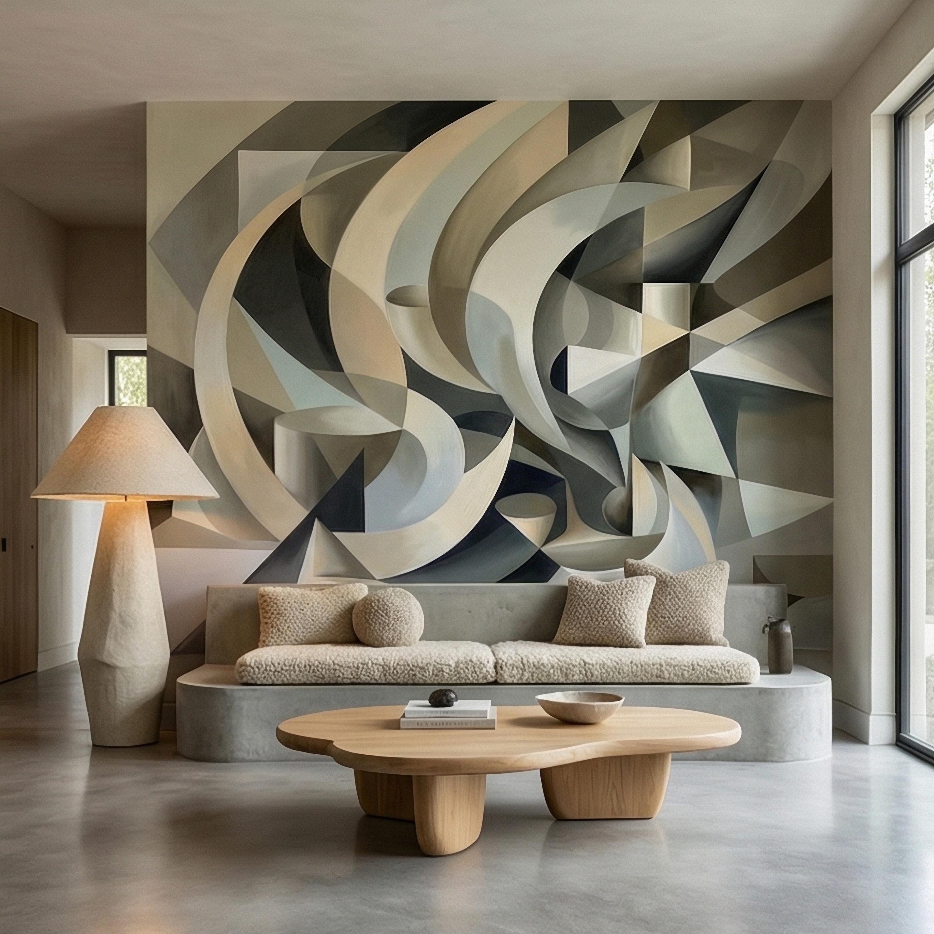 Abstract 3D Ribbon Waves Illusion Blue Gray Beige Peel and Stick Wall Mural, Retro Sculptural Op Art Curves Textured Background Wallpaper