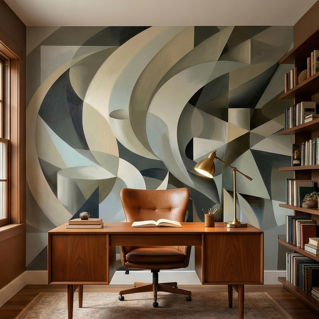 Abstract 3D Ribbon Waves Illusion Blue Gray Beige Peel and Stick Wall Mural, Retro Sculptural Op Art Curves Textured Background Wallpaper