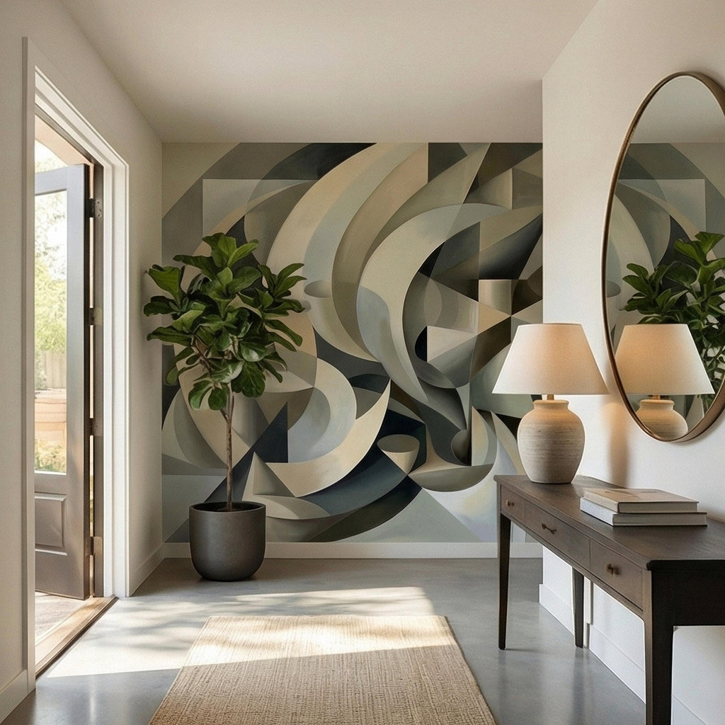 Abstract 3D Ribbon Waves Illusion Blue Gray Beige Peel and Stick Wall Mural, Retro Sculptural Op Art Curves Textured Background Wallpaper