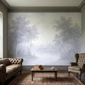 Misty Forest Peel and Stick Wall Mural, Soft Gray Foggy Woodland Trees Minimal Scandinavian Neutral Landscape, Ethereal Monochrome Wallpaper