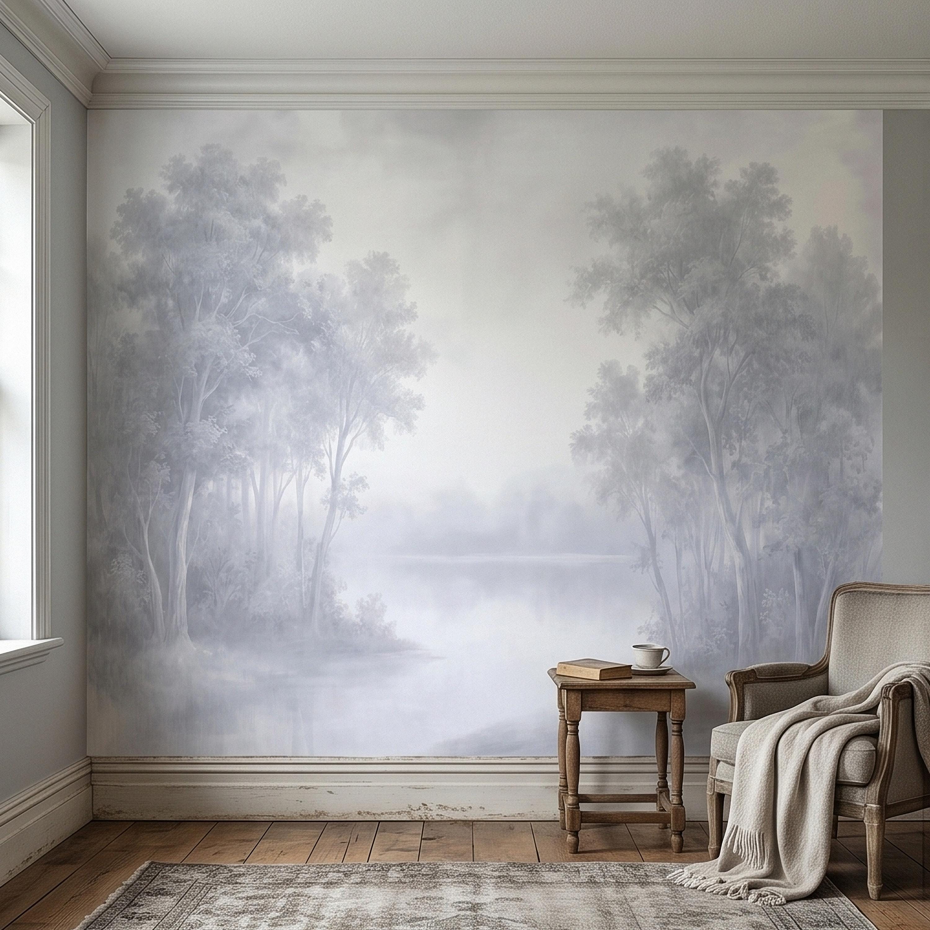 Misty Forest Peel and Stick Wall Mural, Soft Gray Foggy Woodland Trees Minimal Scandinavian Neutral Landscape, Ethereal Monochrome Wallpaper