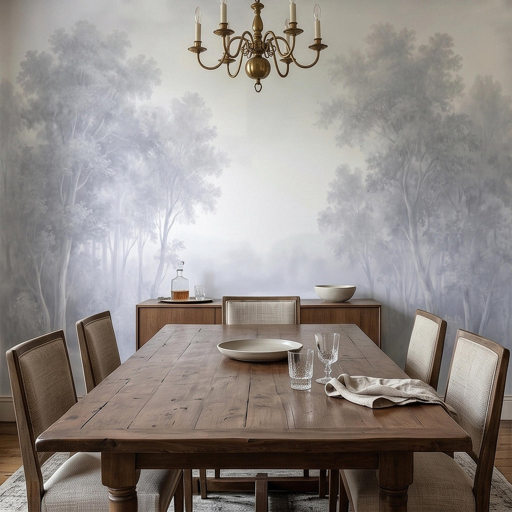 Misty Forest Peel and Stick Wall Mural, Soft Gray Foggy Woodland Trees Minimal Scandinavian Neutral Landscape, Ethereal Monochrome Wallpaper