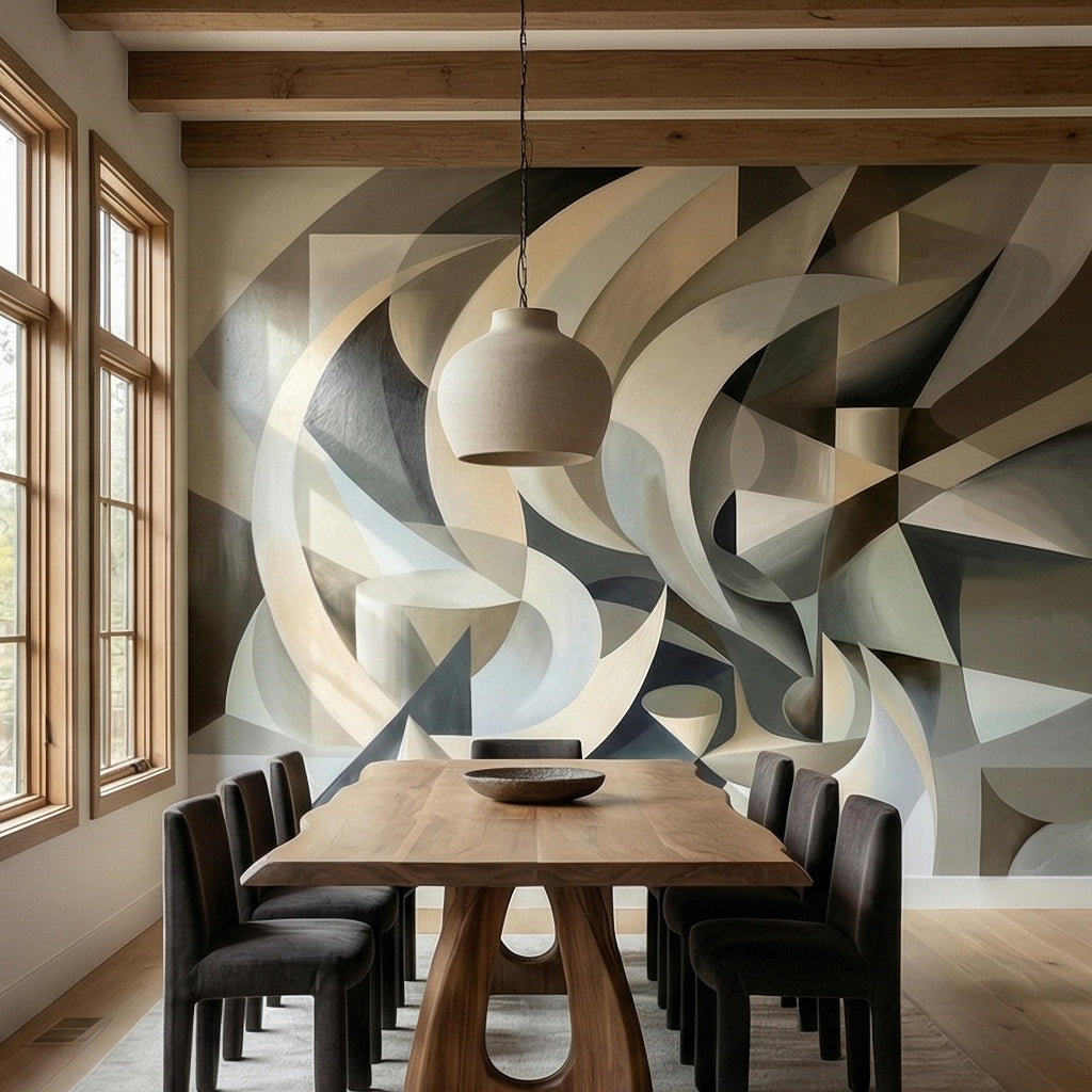 Abstract 3D Ribbon Waves Illusion Blue Gray Beige Peel and Stick Wall Mural, Retro Sculptural Op Art Curves Textured Background Wallpaper