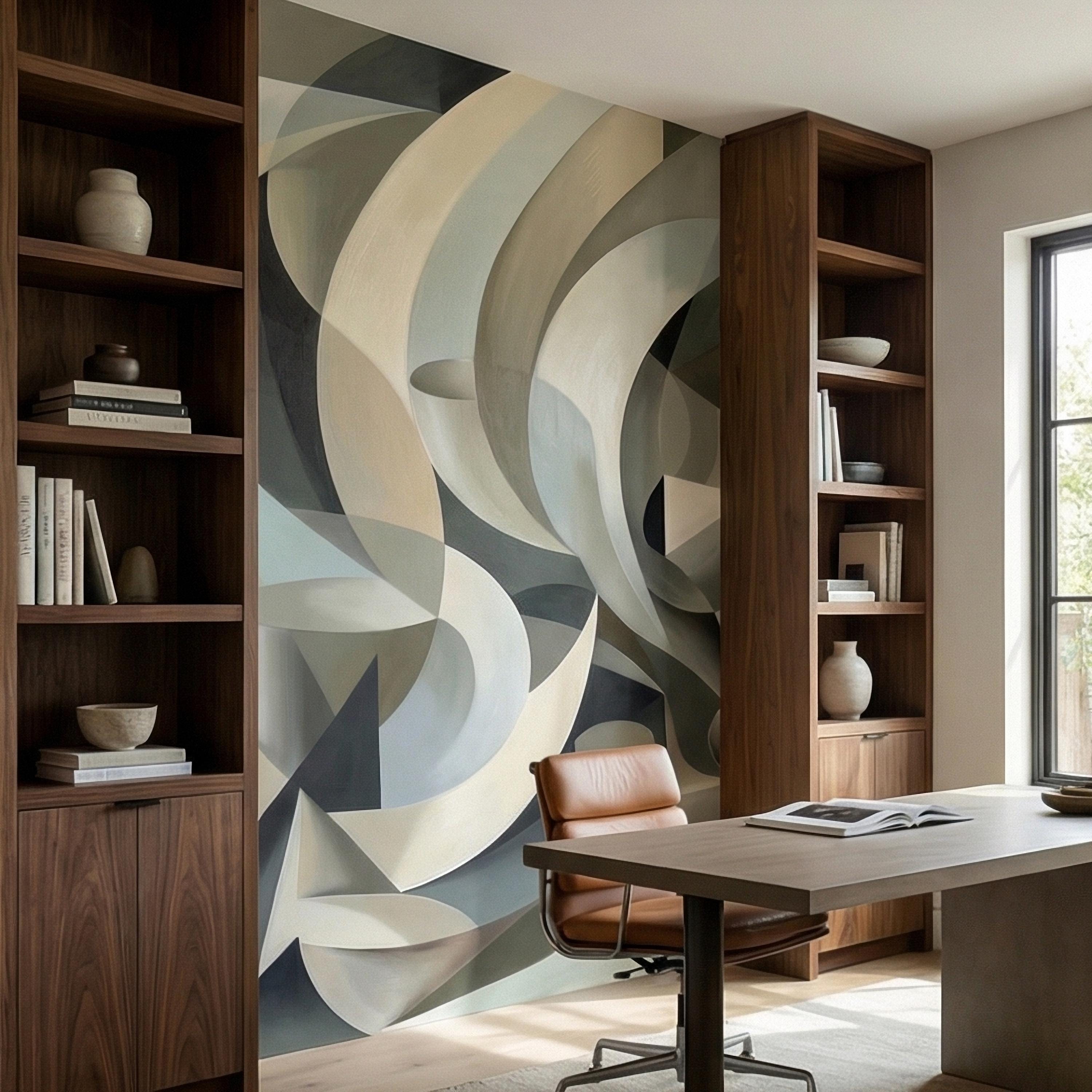 Abstract 3D Ribbon Waves Illusion Blue Gray Beige Peel and Stick Wall Mural, Retro Sculptural Op Art Curves Textured Background Wallpaper