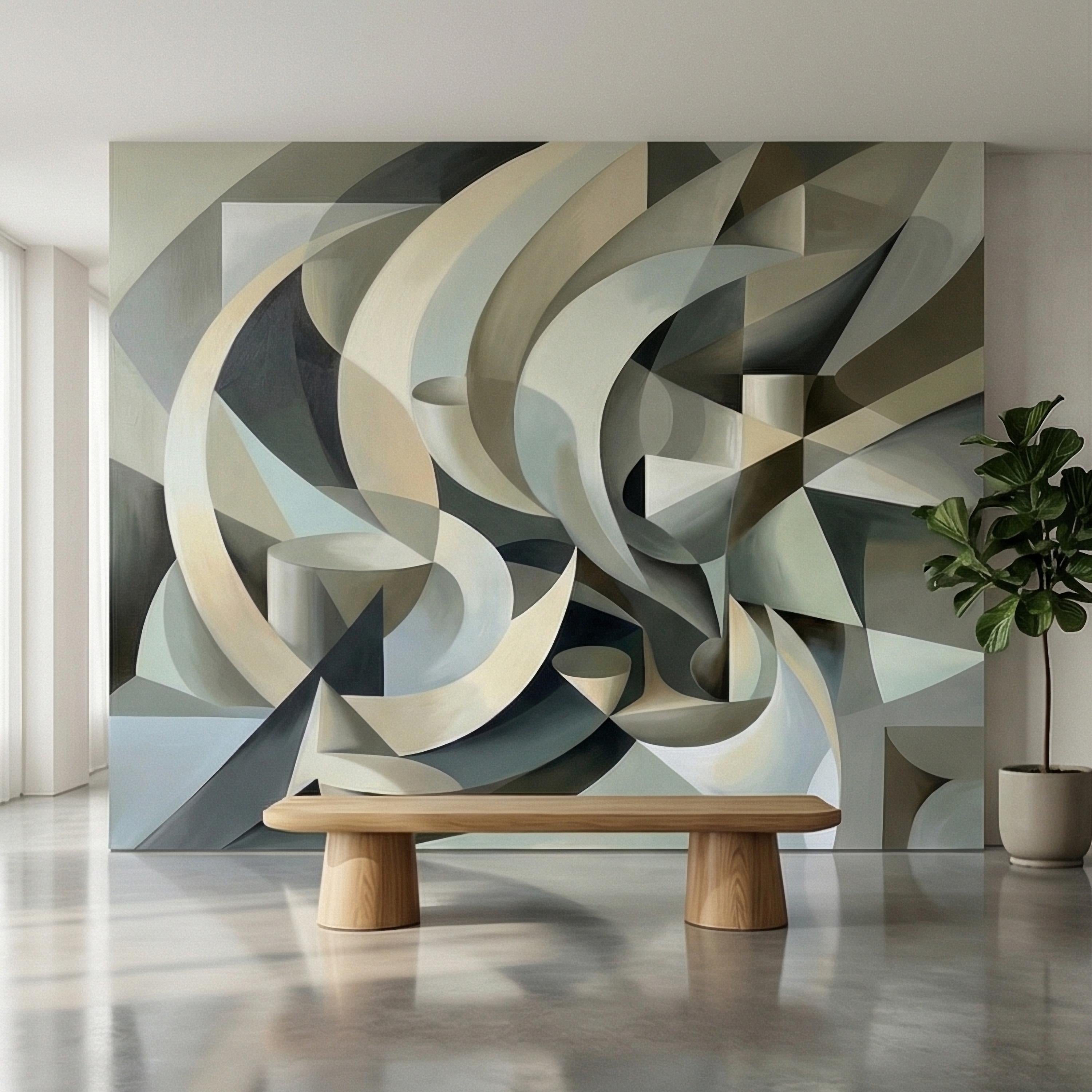 Abstract 3D Ribbon Waves Illusion Blue Gray Beige Peel and Stick Wall Mural, Retro Sculptural Op Art Curves Textured Background Wallpaper