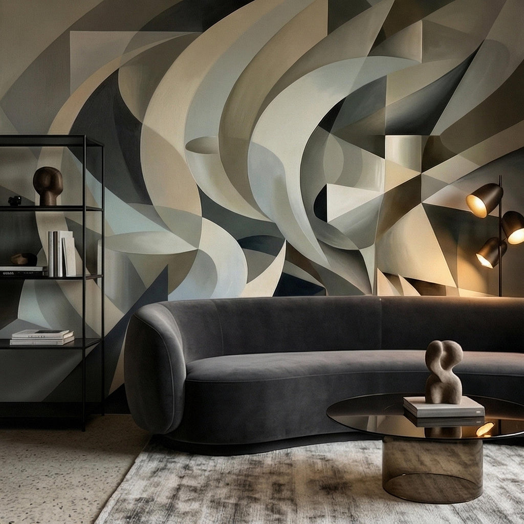 Abstract 3D Ribbon Waves Illusion Blue Gray Beige Peel and Stick Wall Mural, Retro Sculptural Op Art Curves Textured Background Wallpaper