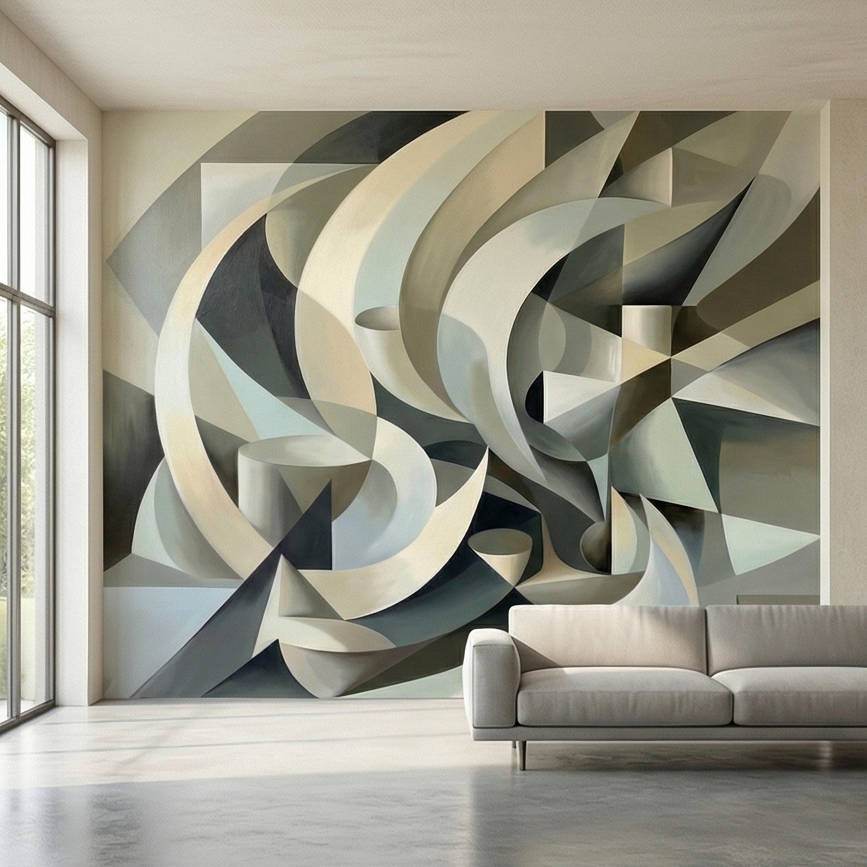 Abstract 3D Ribbon Waves Illusion Blue Gray Beige Peel and Stick Wall Mural, Retro Sculptural Op Art Curves Textured Background Wallpaper