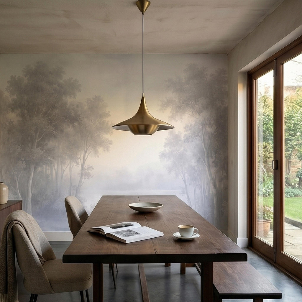 Misty Forest Peel and Stick Wall Mural, Soft Gray Foggy Woodland Trees Minimal Scandinavian Neutral Landscape, Ethereal Monochrome Wallpaper