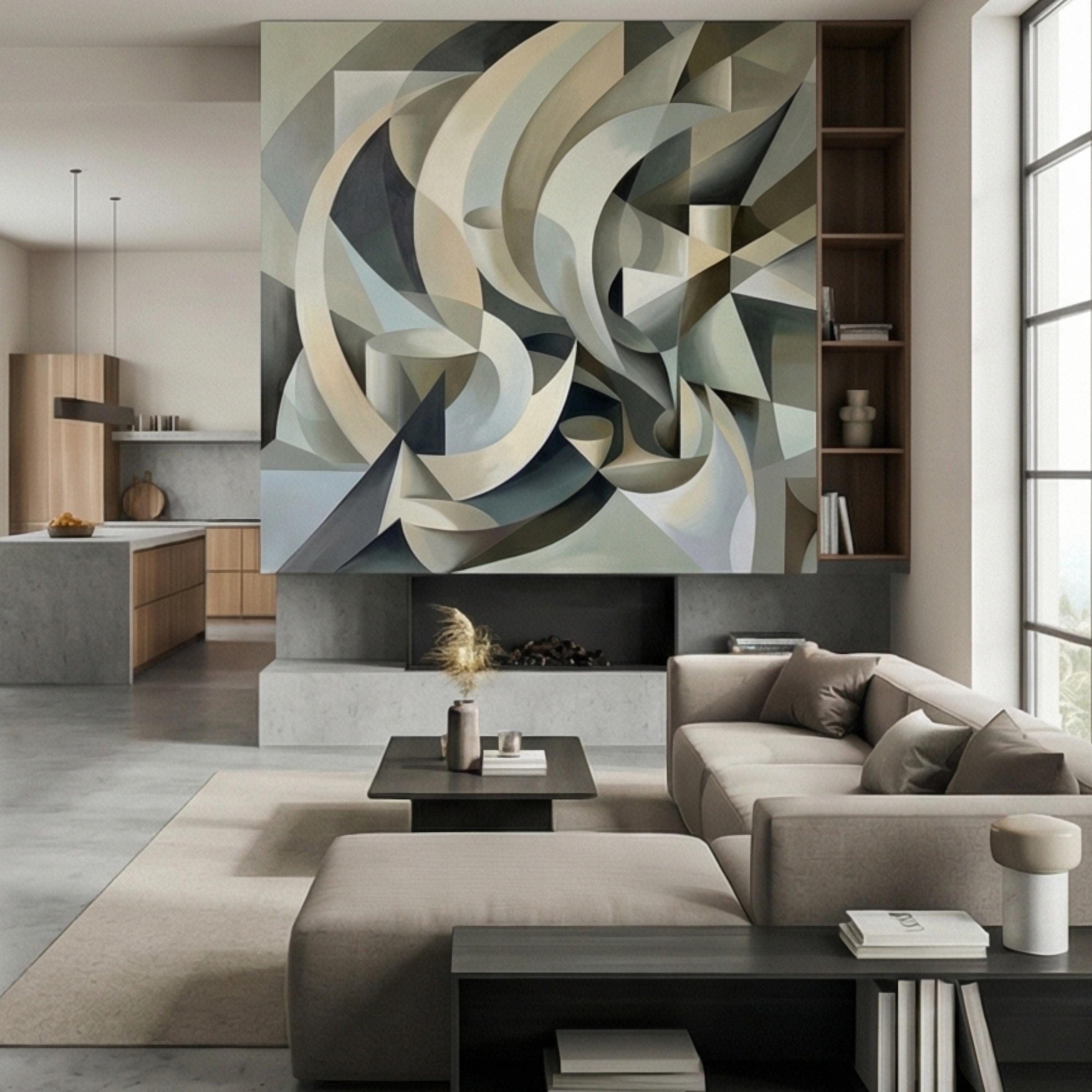 Abstract 3D Ribbon Waves Illusion Blue Gray Beige Peel and Stick Wall Mural, Retro Sculptural Op Art Curves Textured Background Wallpaper