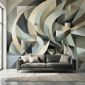 Abstract 3D Ribbon Waves Illusion Blue Gray Beige Peel and Stick Wall Mural, Retro Sculptural Op Art Curves Textured Background Wallpaper