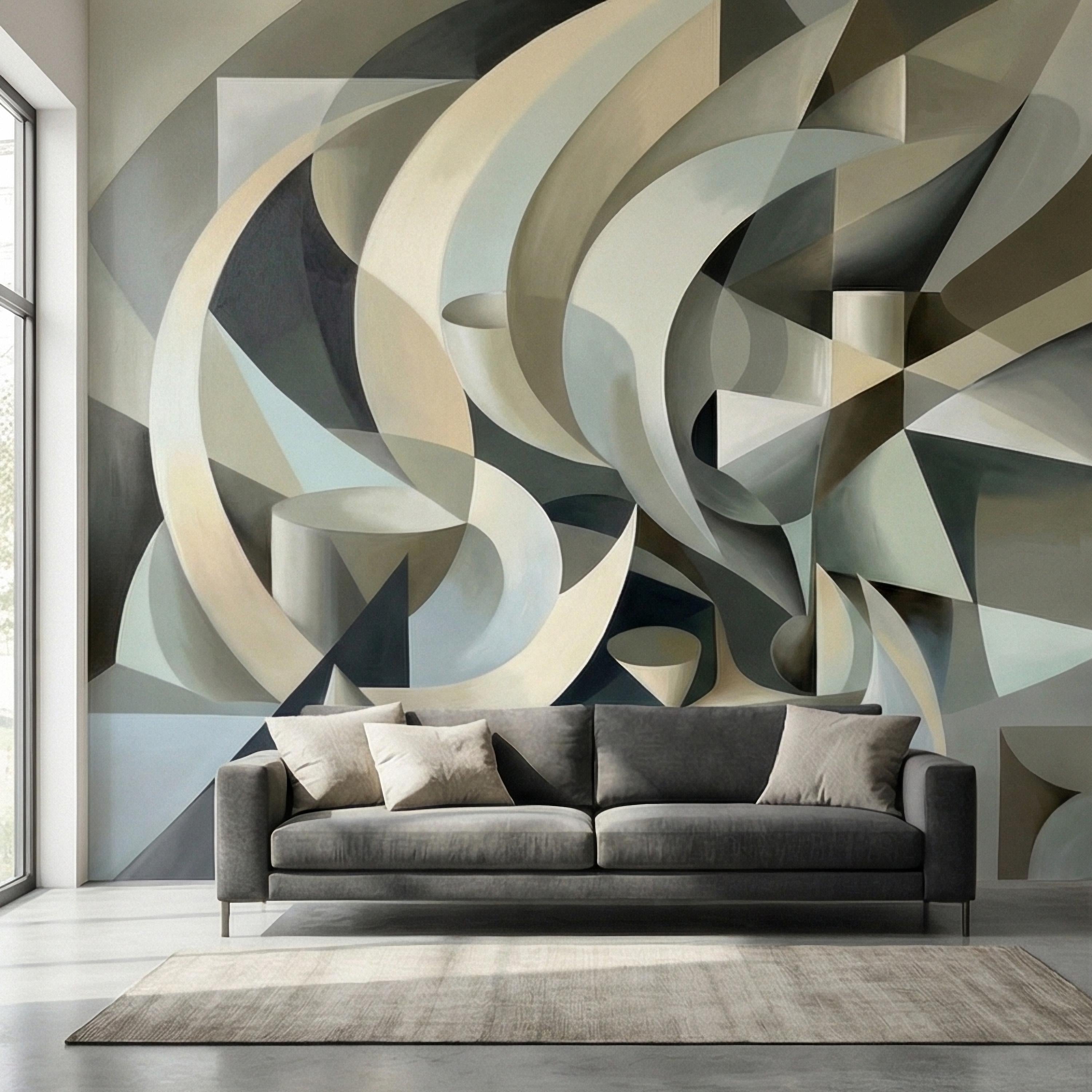 Abstract 3D Ribbon Waves Illusion Blue Gray Beige Peel and Stick Wall Mural, Retro Sculptural Op Art Curves Textured Background Wallpaper