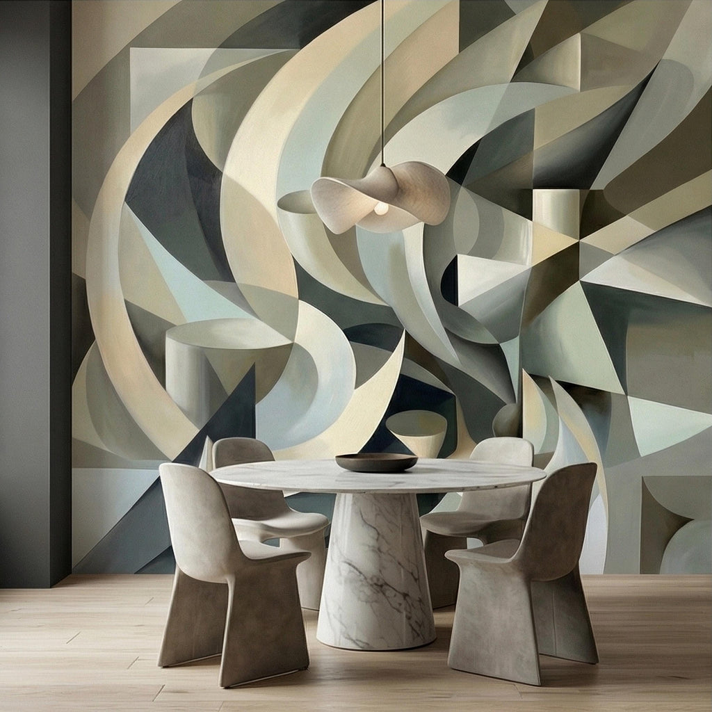 Abstract 3D Ribbon Waves Illusion Blue Gray Beige Peel and Stick Wall Mural, Retro Sculptural Op Art Curves Textured Background Wallpaper