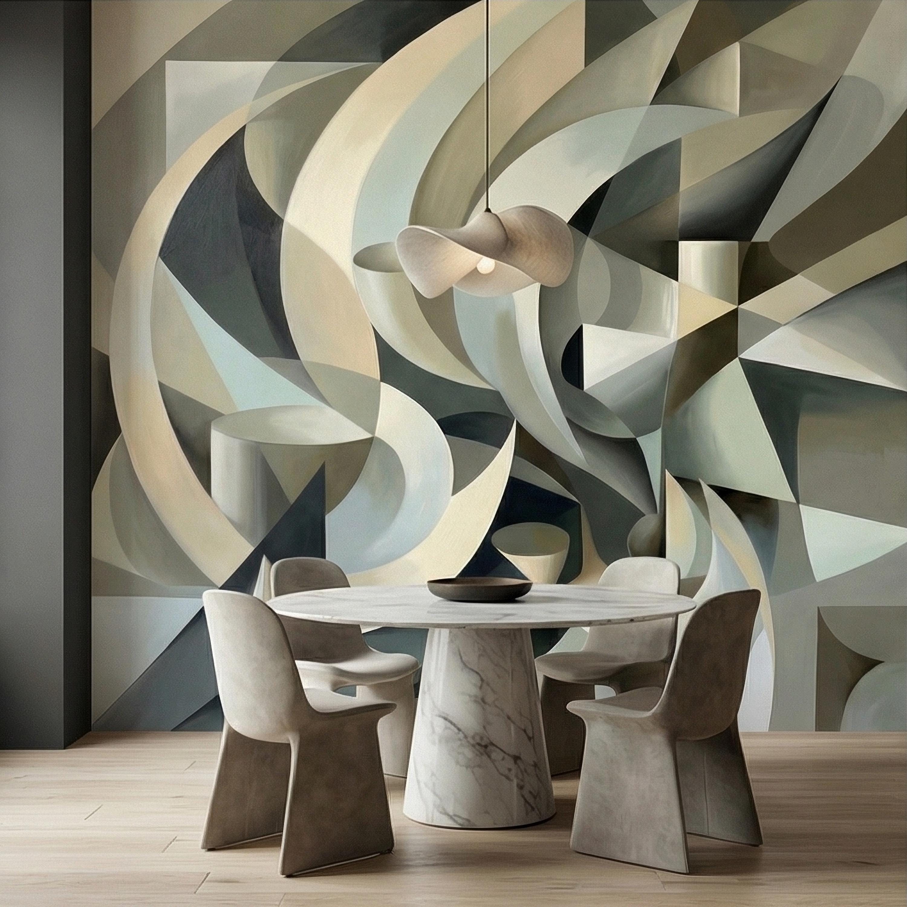 Abstract 3D Ribbon Waves Illusion Blue Gray Beige Peel and Stick Wall Mural, Retro Sculptural Op Art Curves Textured Background Wallpaper
