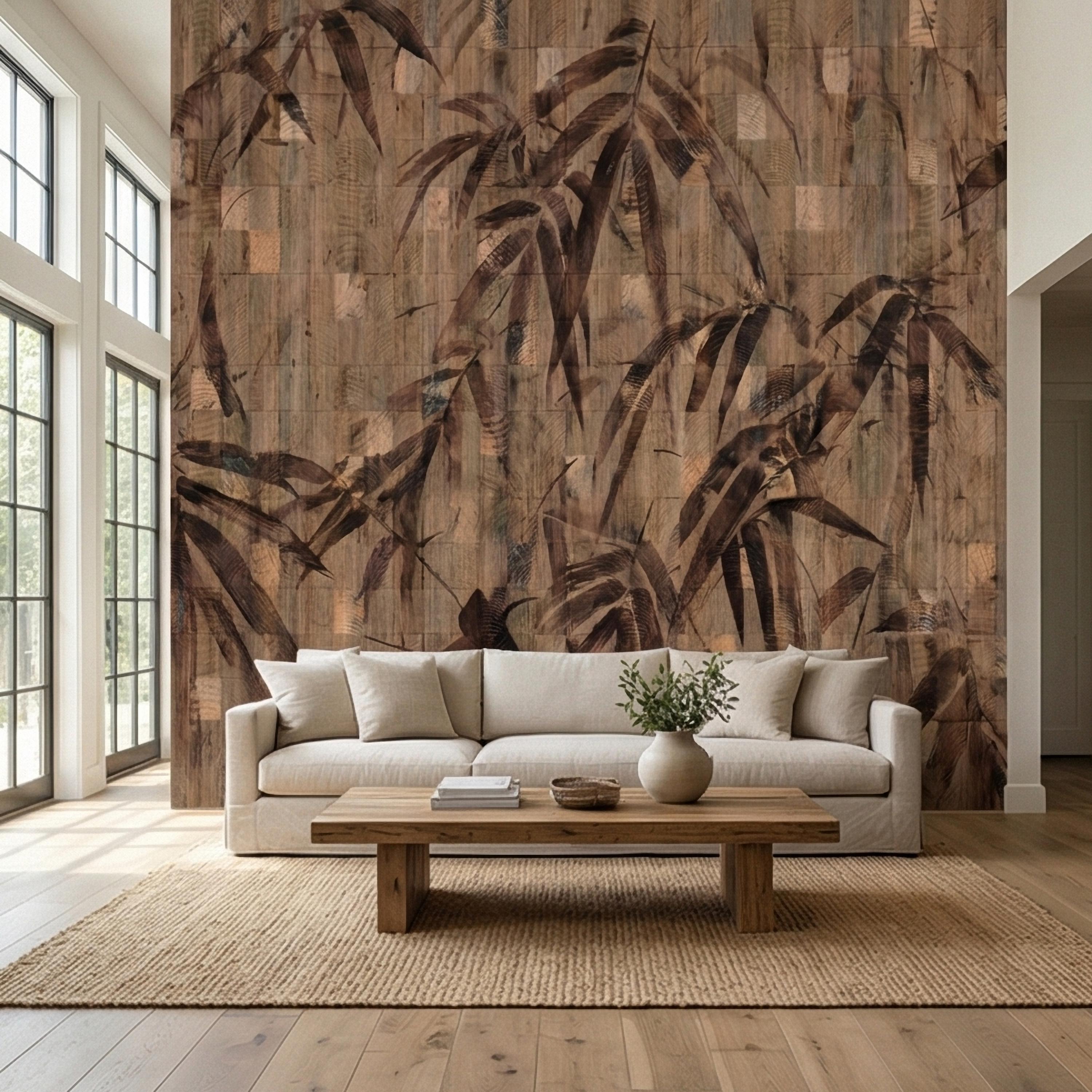 Burnt Palm Leaf on Rustic Wooden Blocks, Peel and Stick Wall Mural, Vintage Distressed Botanical Sepia Jungle Boho Wallpaper