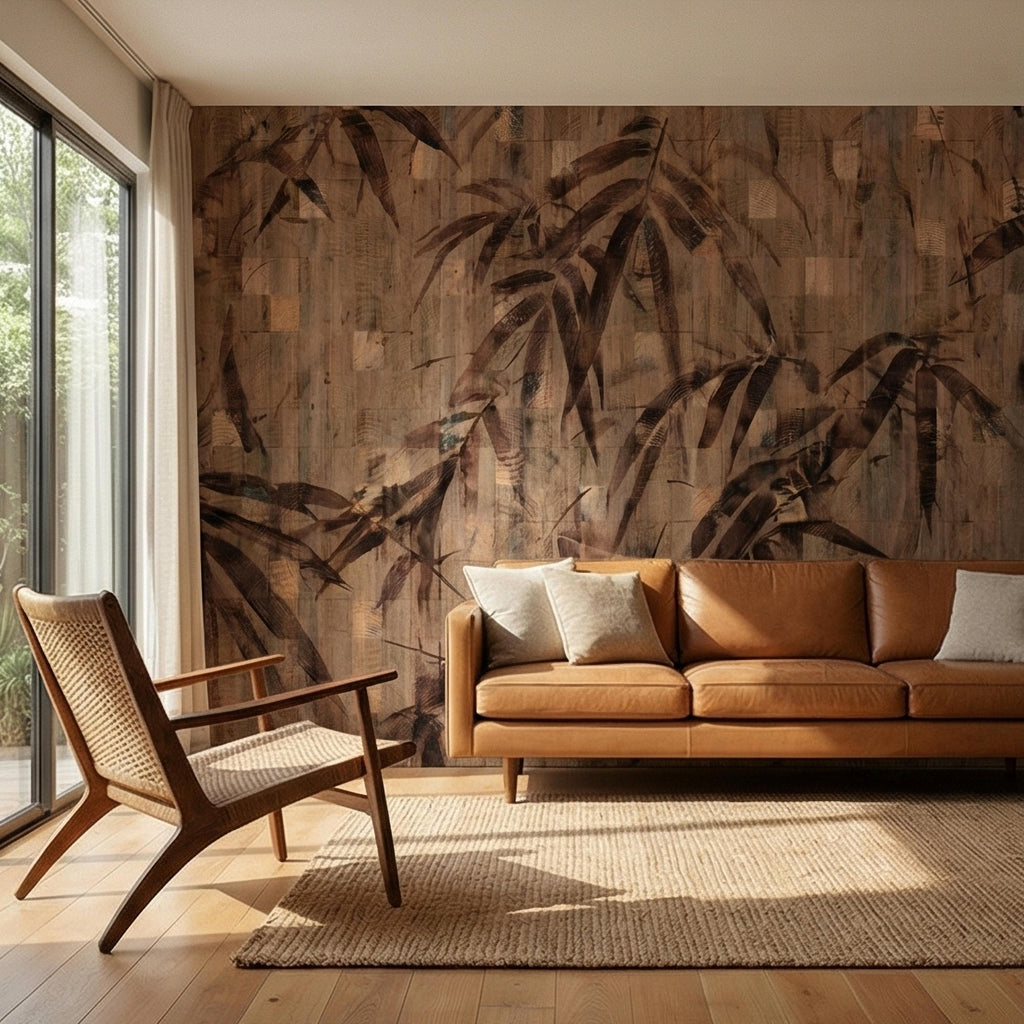 Burnt Palm Leaf on Rustic Wooden Blocks, Peel and Stick Wall Mural, Vintage Distressed Botanical Sepia Jungle Boho Wallpaper