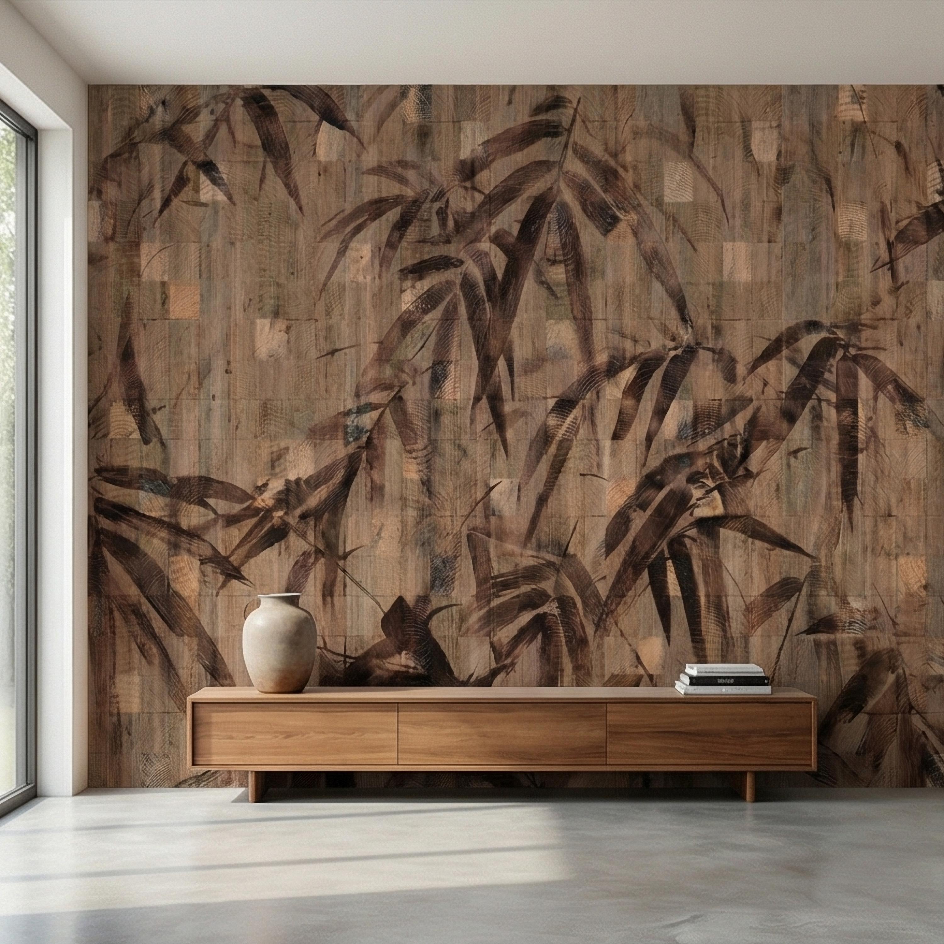 Burnt Palm Leaf on Rustic Wooden Blocks, Peel and Stick Wall Mural, Vintage Distressed Botanical Sepia Jungle Boho Wallpaper