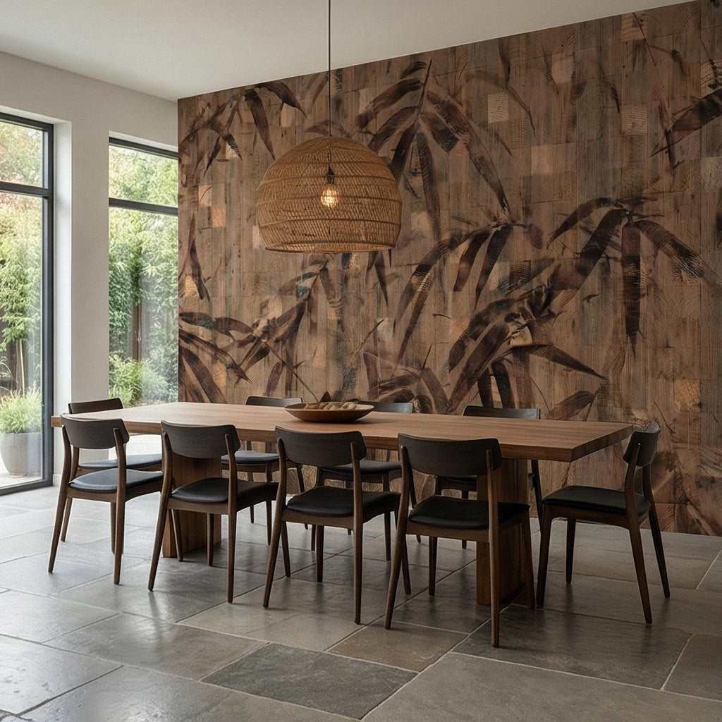 Burnt Palm Leaf on Rustic Wooden Blocks, Peel and Stick Wall Mural, Vintage Distressed Botanical Sepia Jungle Boho Wallpaper