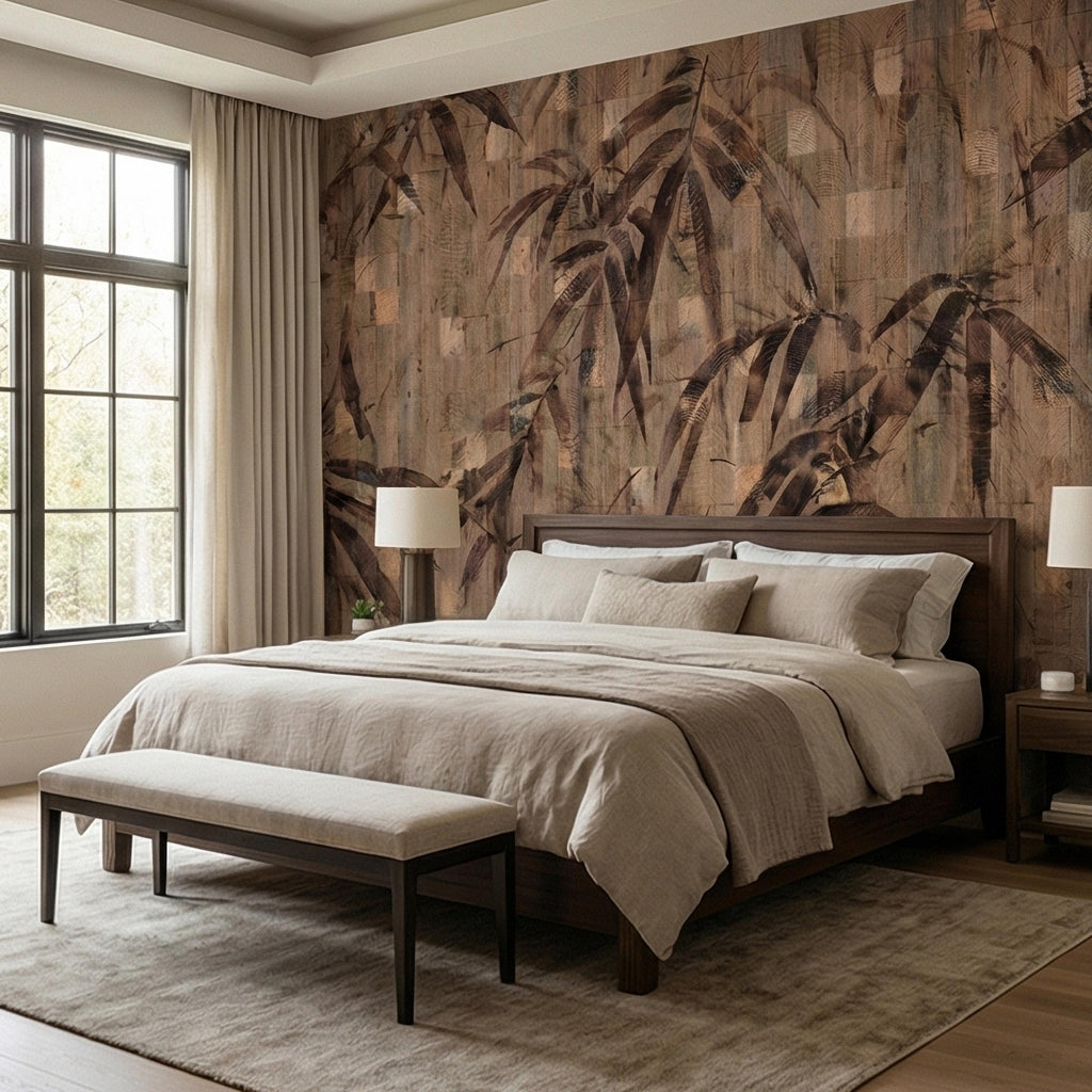 Burnt Palm Leaf on Rustic Wooden Blocks, Peel and Stick Wall Mural, Vintage Distressed Botanical Sepia Jungle Boho Wallpaper