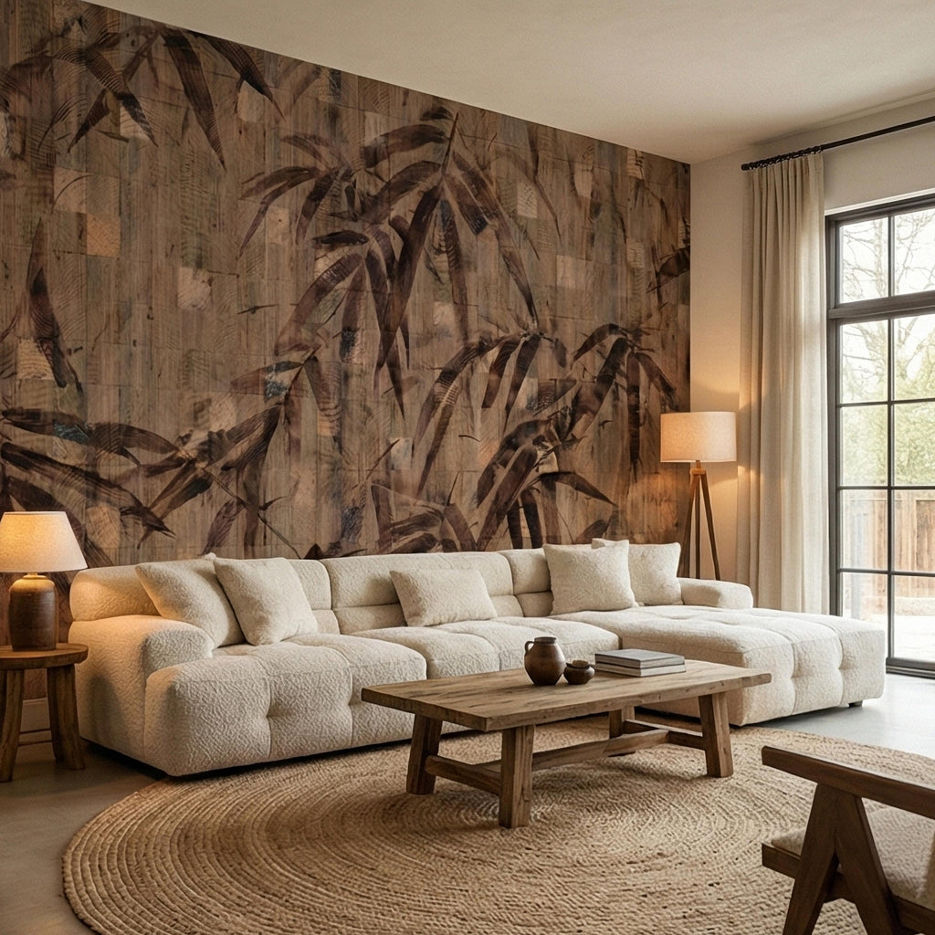 Burnt Palm Leaf on Rustic Wooden Blocks, Peel and Stick Wall Mural, Vintage Distressed Botanical Sepia Jungle Boho Wallpaper
