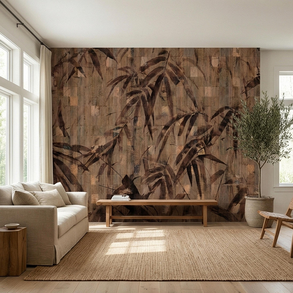 Burnt Palm Leaf on Rustic Wooden Blocks, Peel and Stick Wall Mural, Vintage Distressed Botanical Sepia Jungle Boho Wallpaper