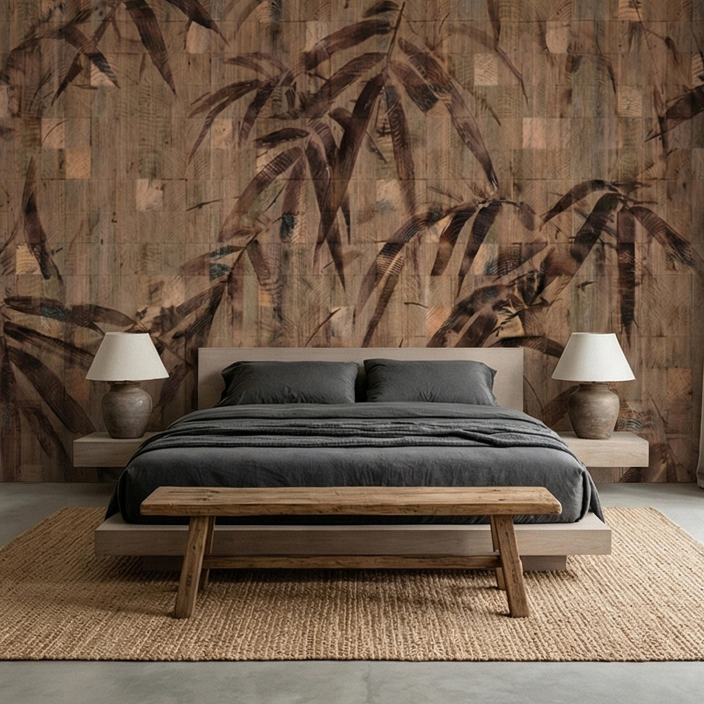 Burnt Palm Leaf on Rustic Wooden Blocks, Peel and Stick Wall Mural, Vintage Distressed Botanical Sepia Jungle Boho Wallpaper
