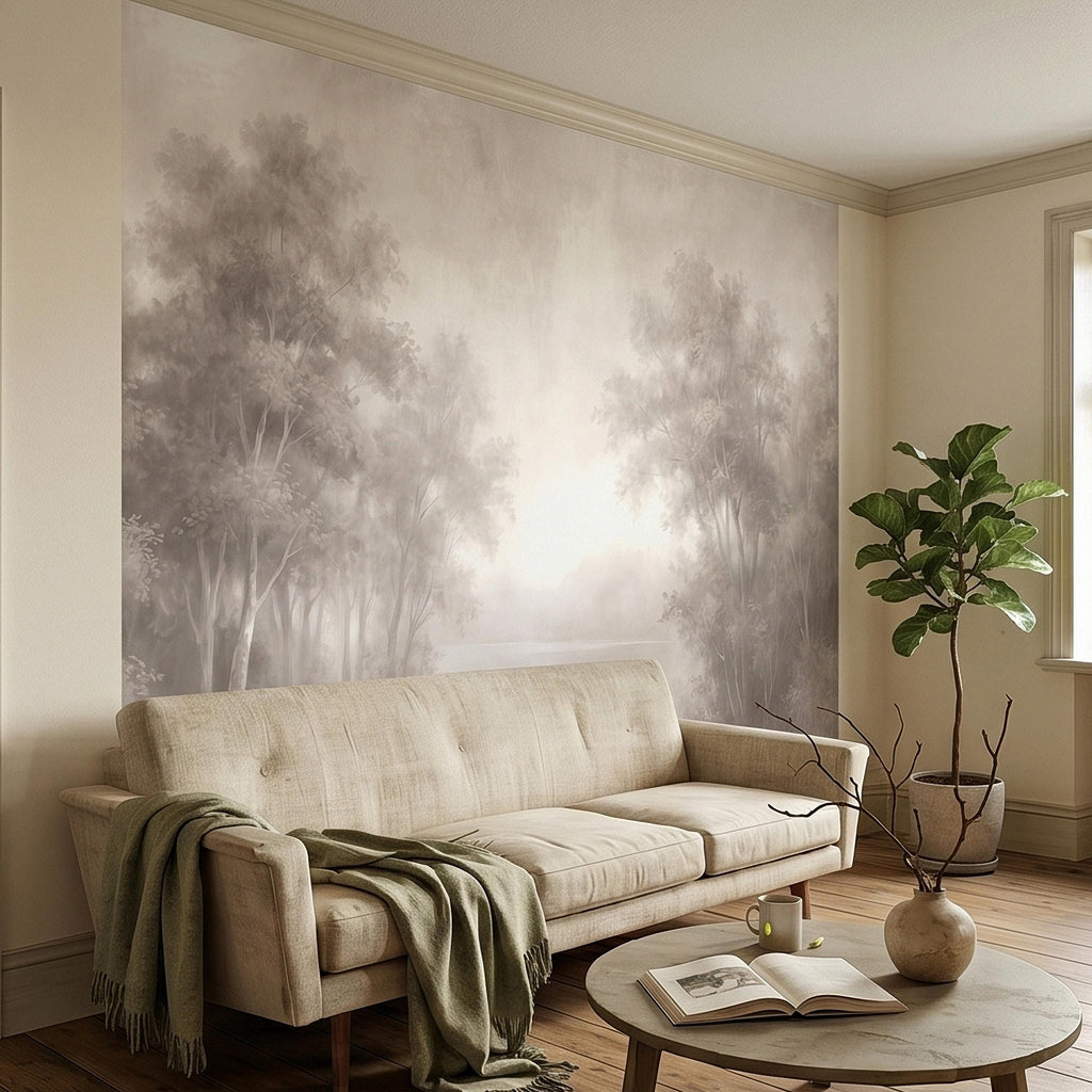 Misty Forest Peel and Stick Wall Mural, Soft Neutral Foggy Trees Landscape, Minimal Scandinavian Woodland, Calm Monochrome Wallpaper