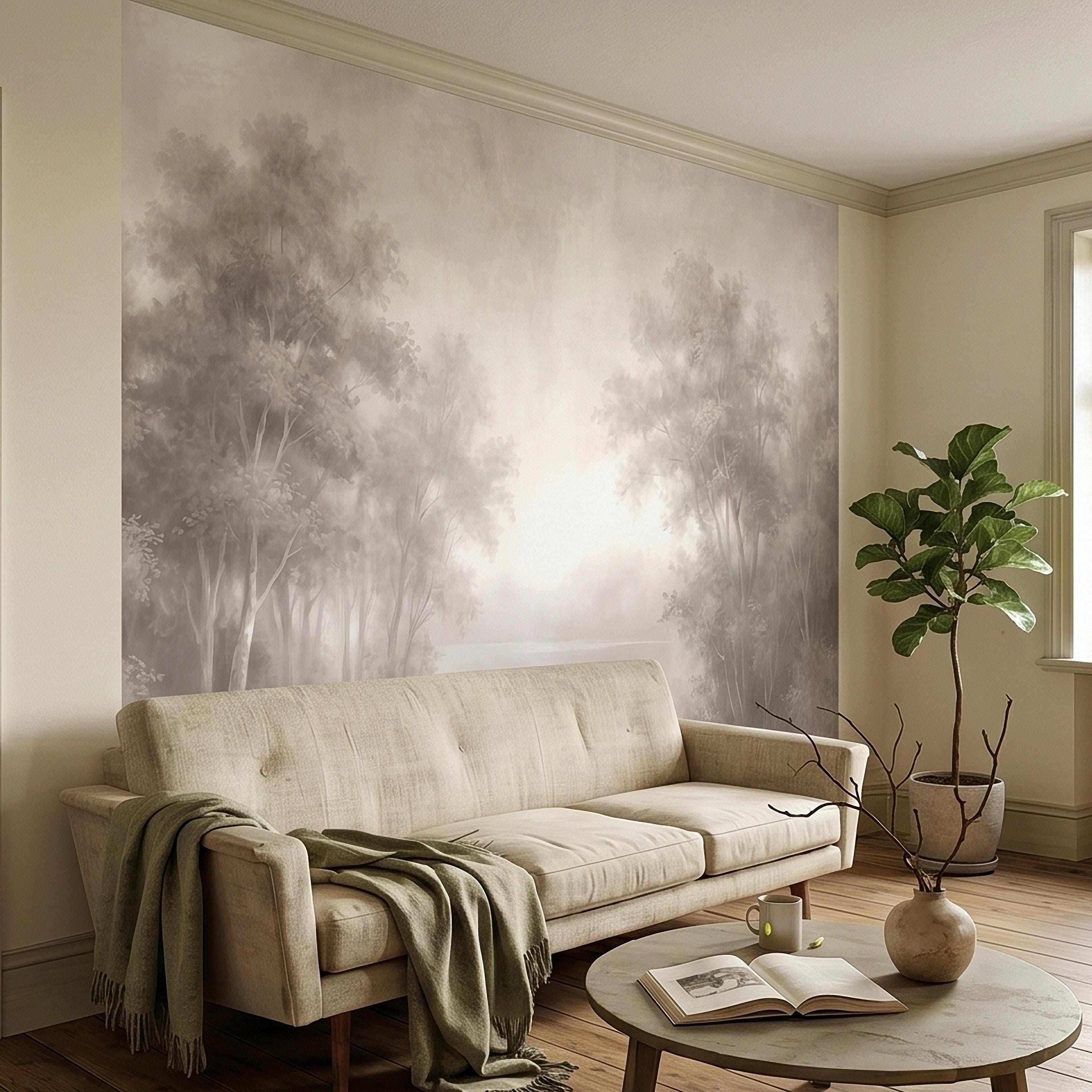 Misty Forest Peel and Stick Wall Mural, Soft Neutral Foggy Trees Landscape, Minimal Scandinavian Woodland, Calm Monochrome Wallpaper