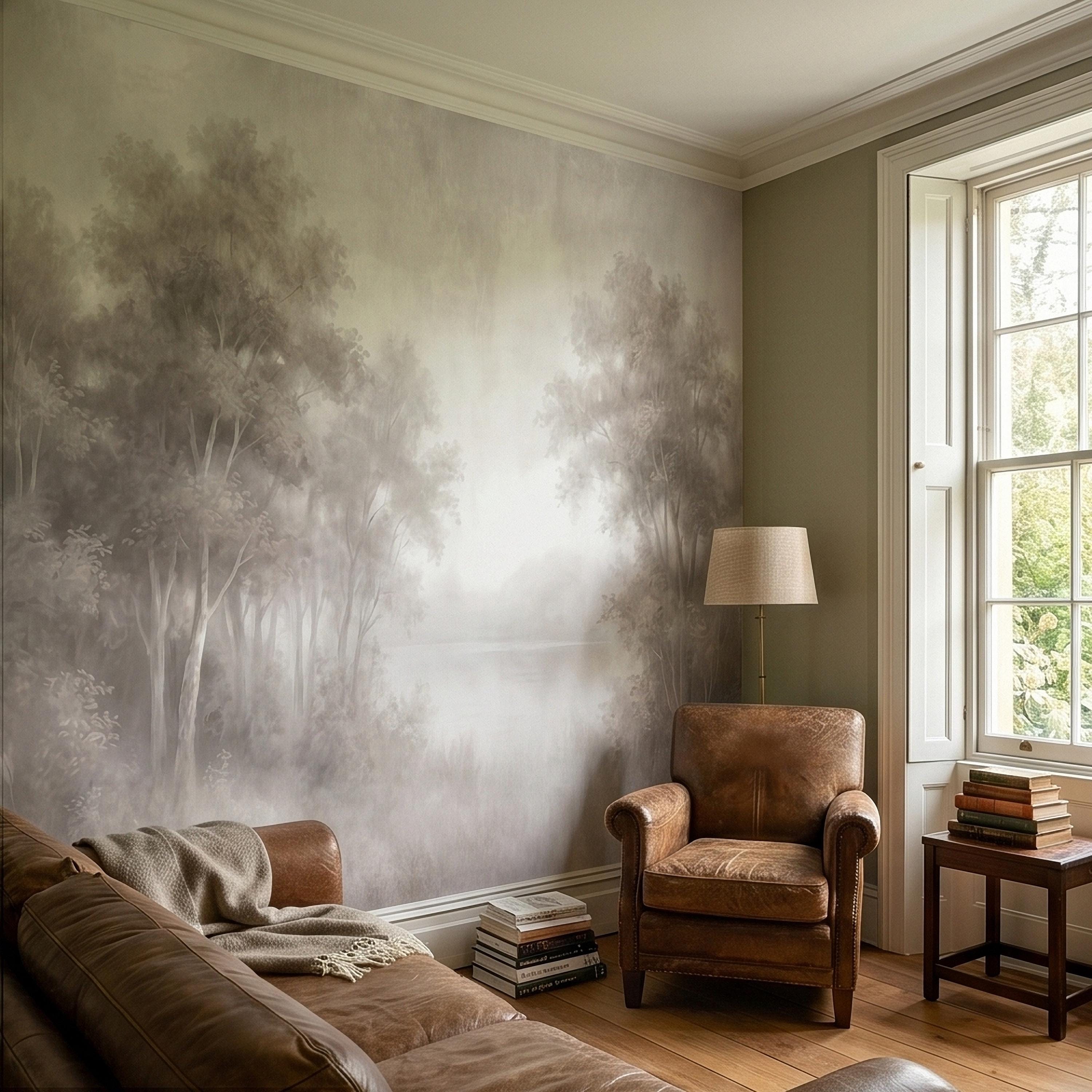 Misty Forest Peel and Stick Wall Mural, Soft Neutral Foggy Trees Landscape, Minimal Scandinavian Woodland, Calm Monochrome Wallpaper