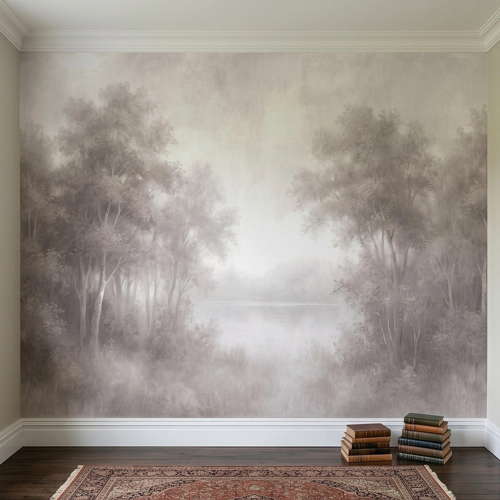 Misty Forest Peel and Stick Wall Mural, Soft Neutral Foggy Trees Landscape, Minimal Scandinavian Woodland, Calm Monochrome Wallpaper
