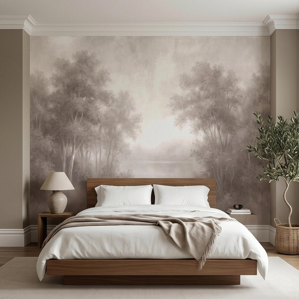 Misty Forest Peel and Stick Wall Mural, Soft Neutral Foggy Trees Landscape, Minimal Scandinavian Woodland, Calm Monochrome Wallpaper