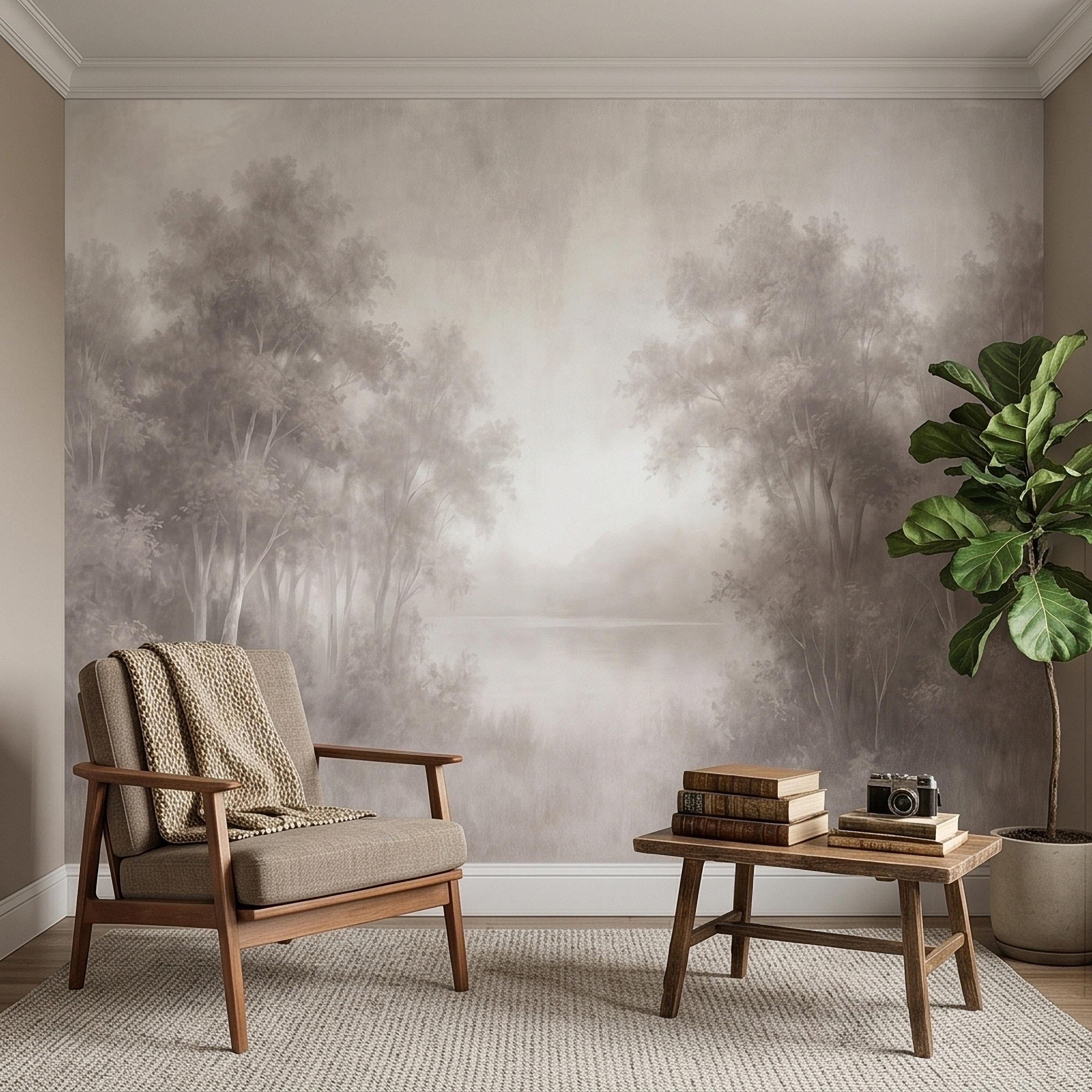 Misty Forest Peel and Stick Wall Mural, Soft Neutral Foggy Trees Landscape, Minimal Scandinavian Woodland, Calm Monochrome Wallpaper