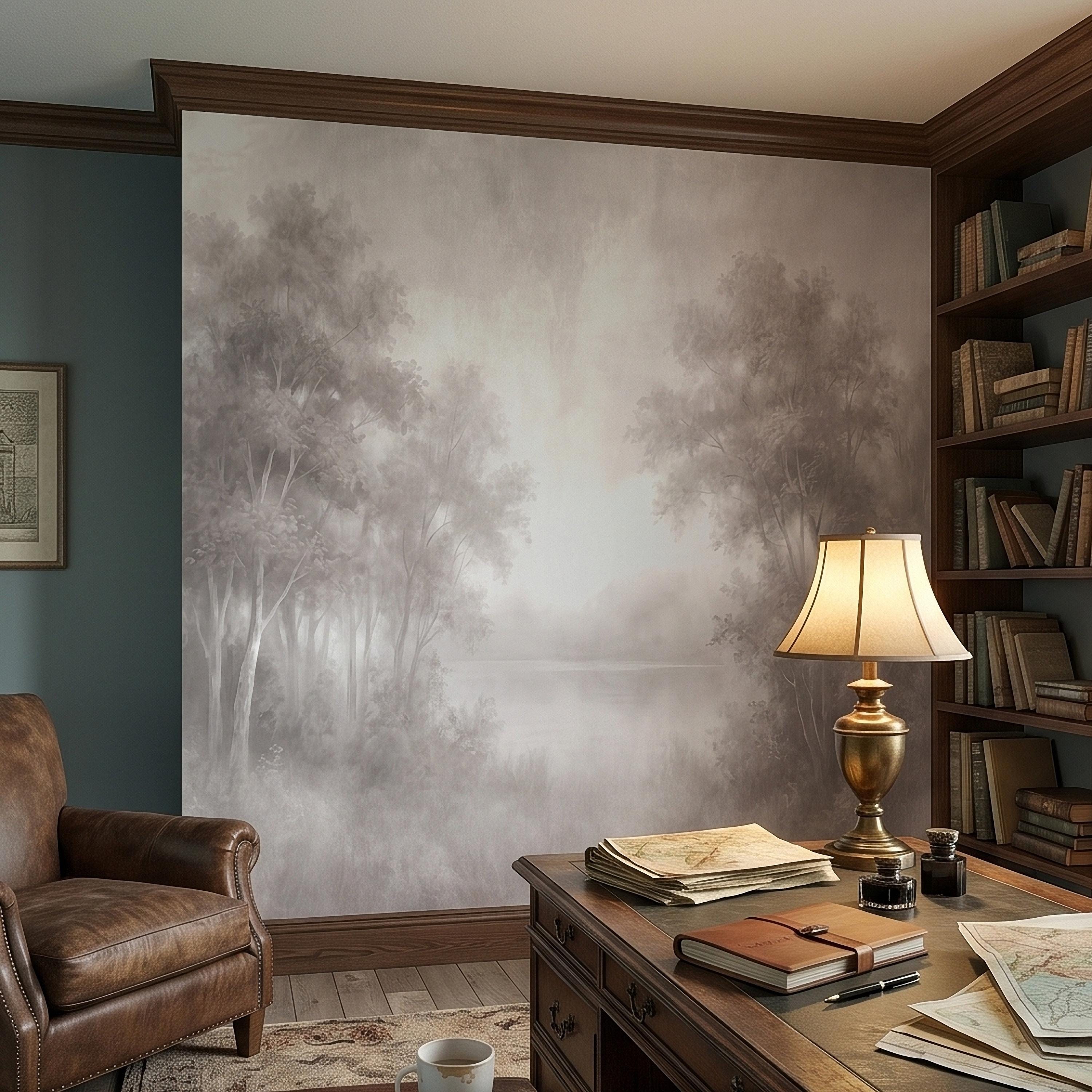 Misty Forest Peel and Stick Wall Mural, Soft Neutral Foggy Trees Landscape, Minimal Scandinavian Woodland, Calm Monochrome Wallpaper