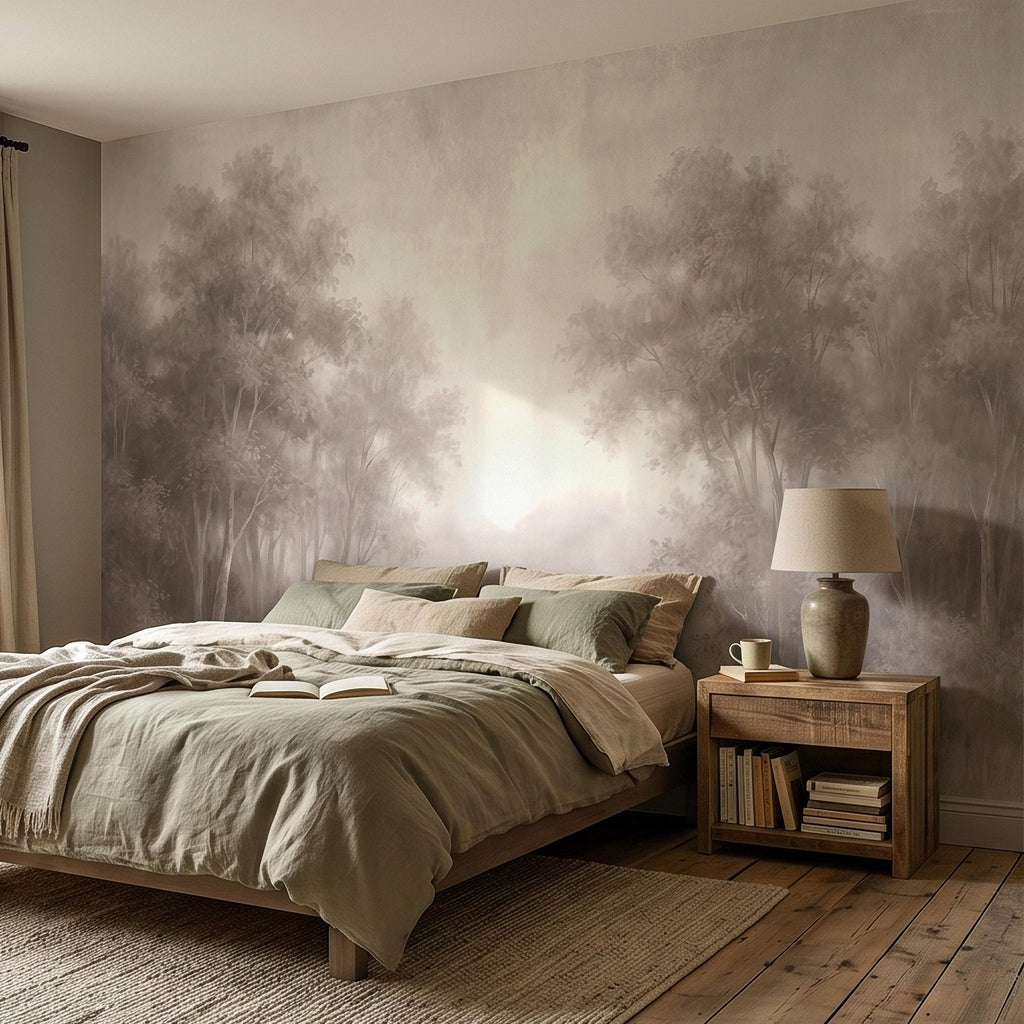Misty Forest Peel and Stick Wall Mural, Soft Neutral Foggy Trees Landscape, Minimal Scandinavian Woodland, Calm Monochrome Wallpaper
