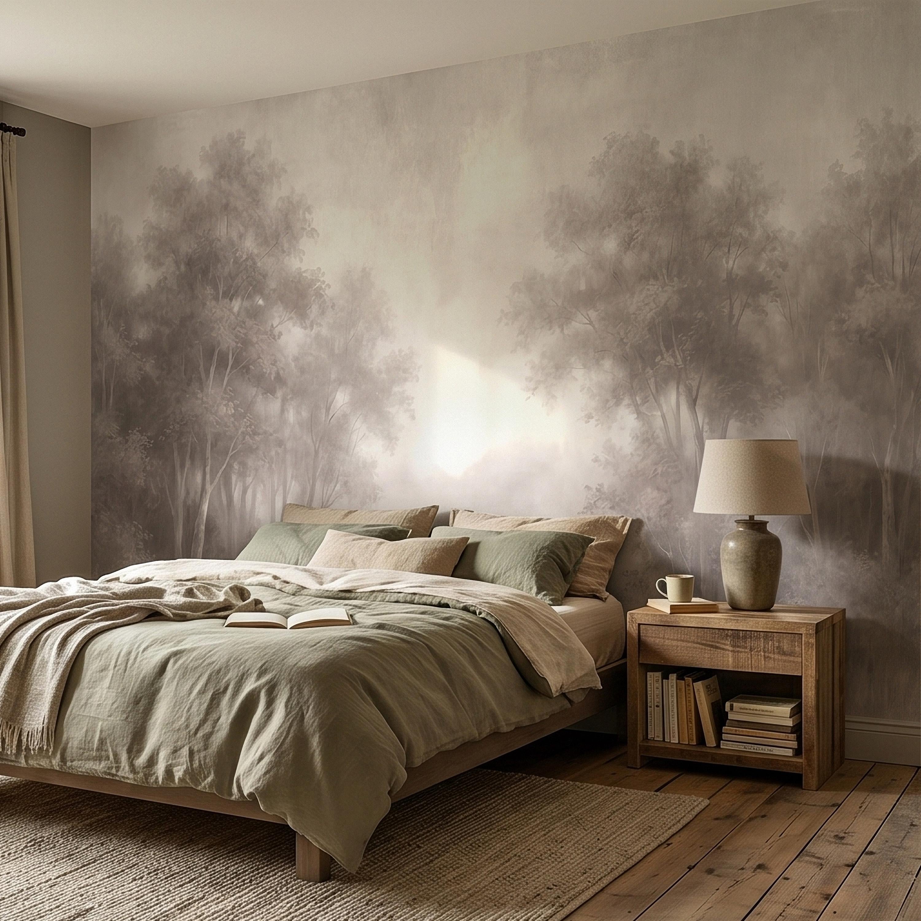 Misty Forest Peel and Stick Wall Mural, Soft Neutral Foggy Trees Landscape, Minimal Scandinavian Woodland, Calm Monochrome Wallpaper