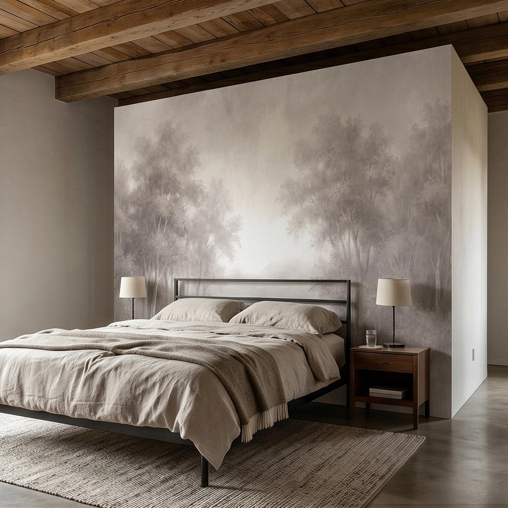 Misty Forest Peel and Stick Wall Mural, Soft Neutral Foggy Trees Landscape, Minimal Scandinavian Woodland, Calm Monochrome Wallpaper