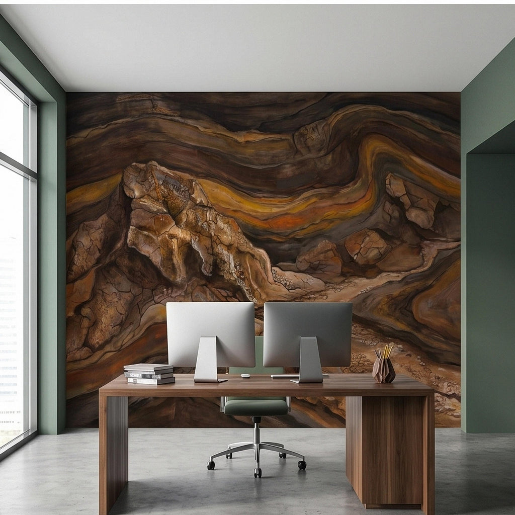 Abstract Canyon Rock Peel and Stick Wall Mural, Earth Tone Desert Landscape with Geologic Strata, Rustic Wabi Sabi Textured Wallpaper