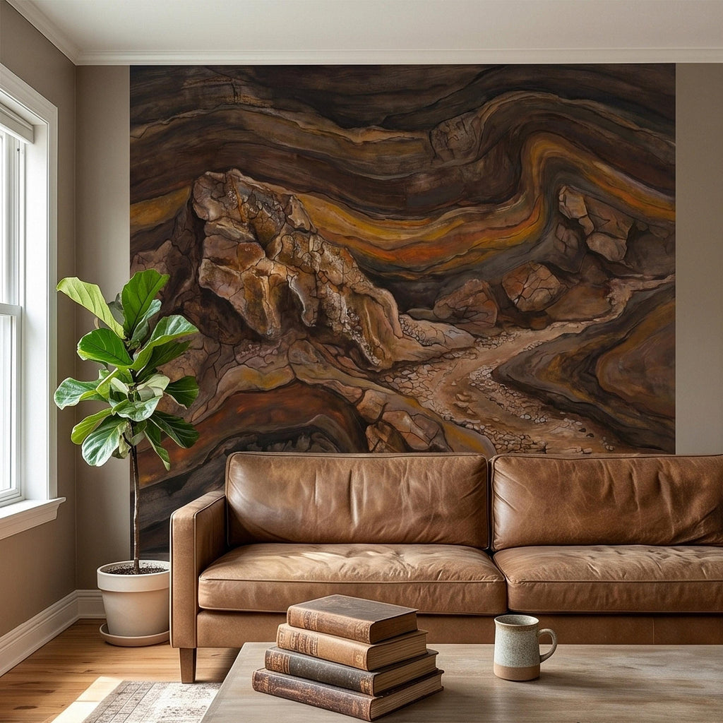 Abstract Canyon Rock Peel and Stick Wall Mural, Earth Tone Desert Landscape with Geologic Strata, Rustic Wabi Sabi Textured Wallpaper
