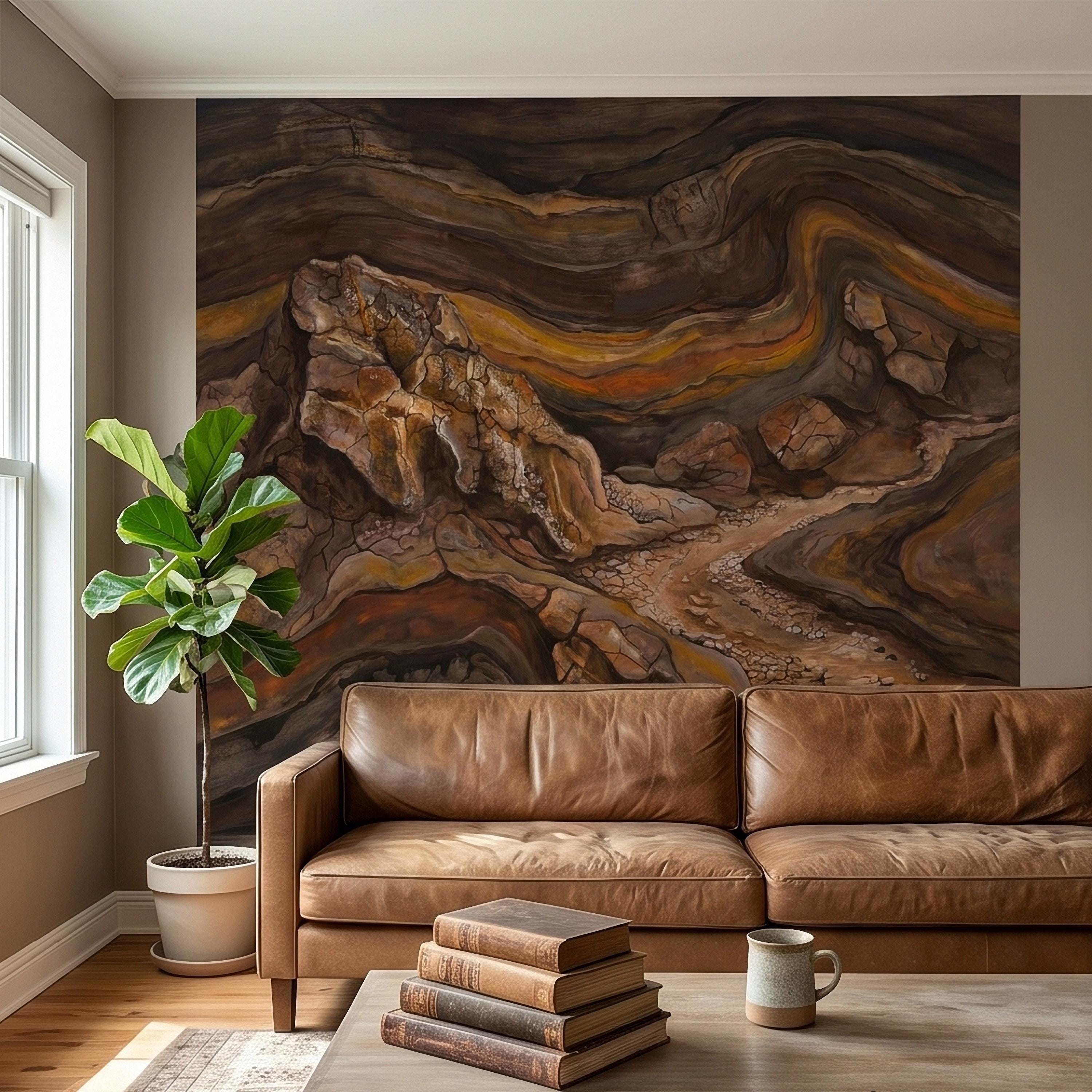 Abstract Canyon Rock Peel and Stick Wall Mural, Earth Tone Desert Landscape with Geologic Strata, Rustic Wabi Sabi Textured Wallpaper