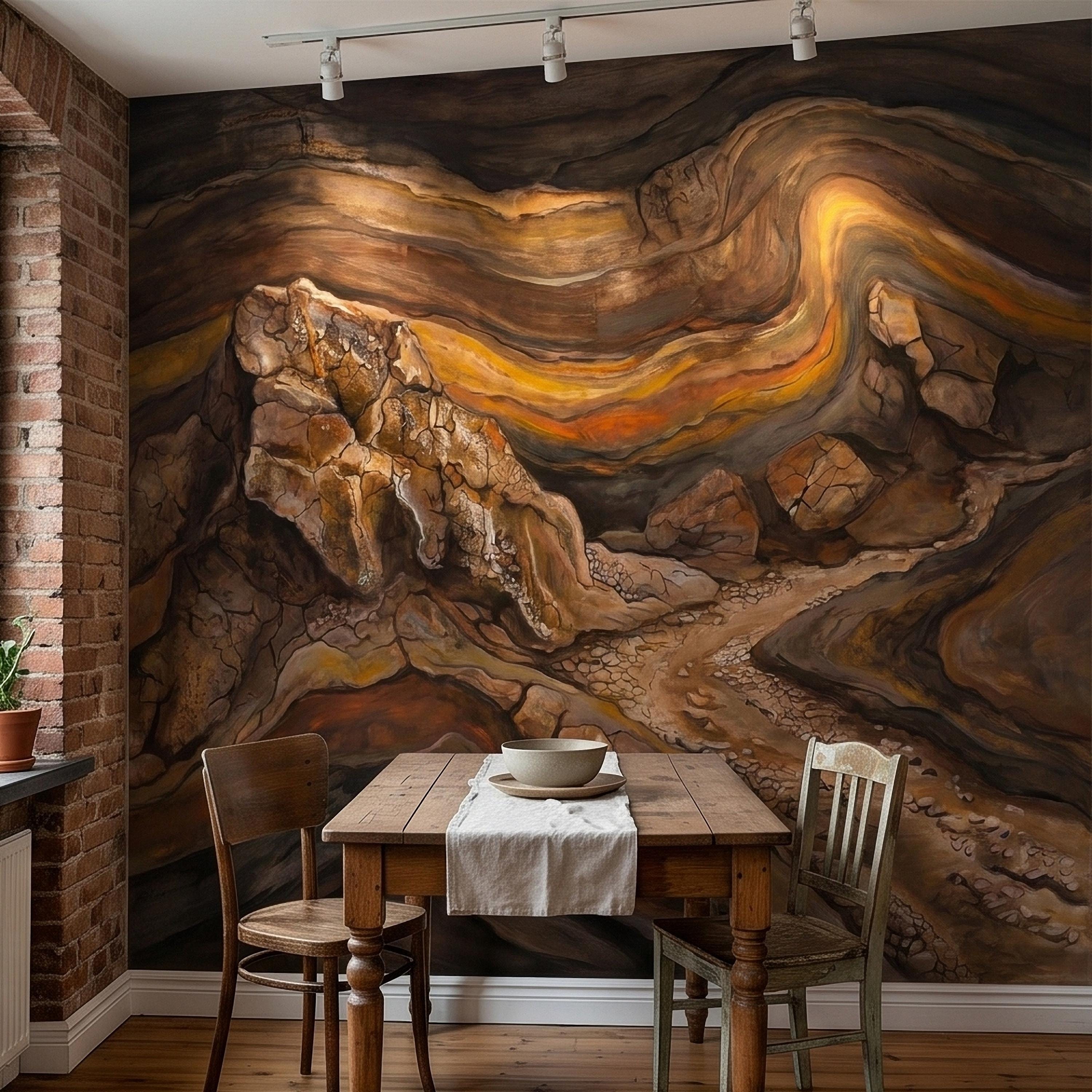 Abstract Canyon Rock Peel and Stick Wall Mural, Earth Tone Desert Landscape with Geologic Strata, Rustic Wabi Sabi Textured Wallpaper