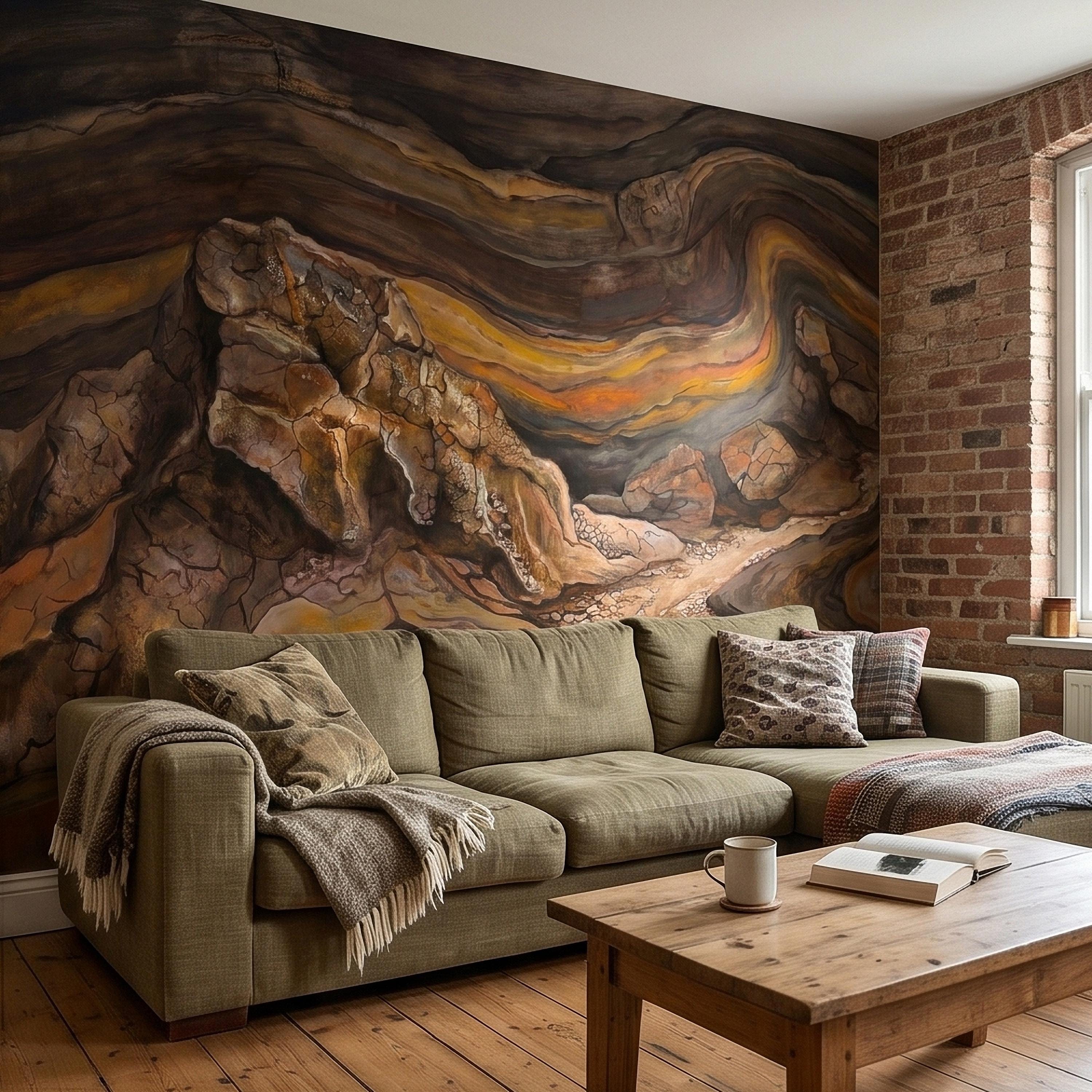 Abstract Canyon Rock Peel and Stick Wall Mural, Earth Tone Desert Landscape with Geologic Strata, Rustic Wabi Sabi Textured Wallpaper