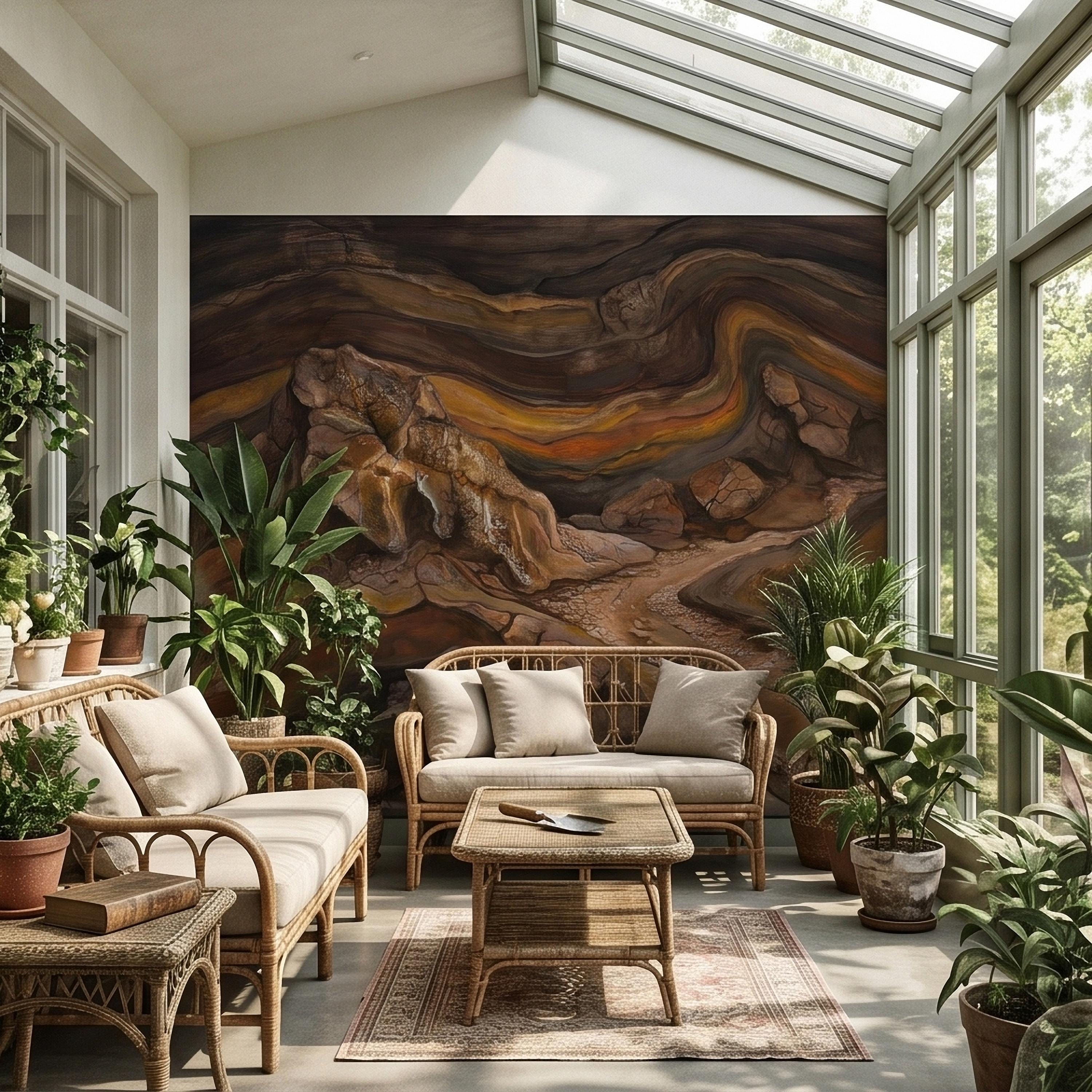 Abstract Canyon Rock Peel and Stick Wall Mural, Earth Tone Desert Landscape with Geologic Strata, Rustic Wabi Sabi Textured Wallpaper