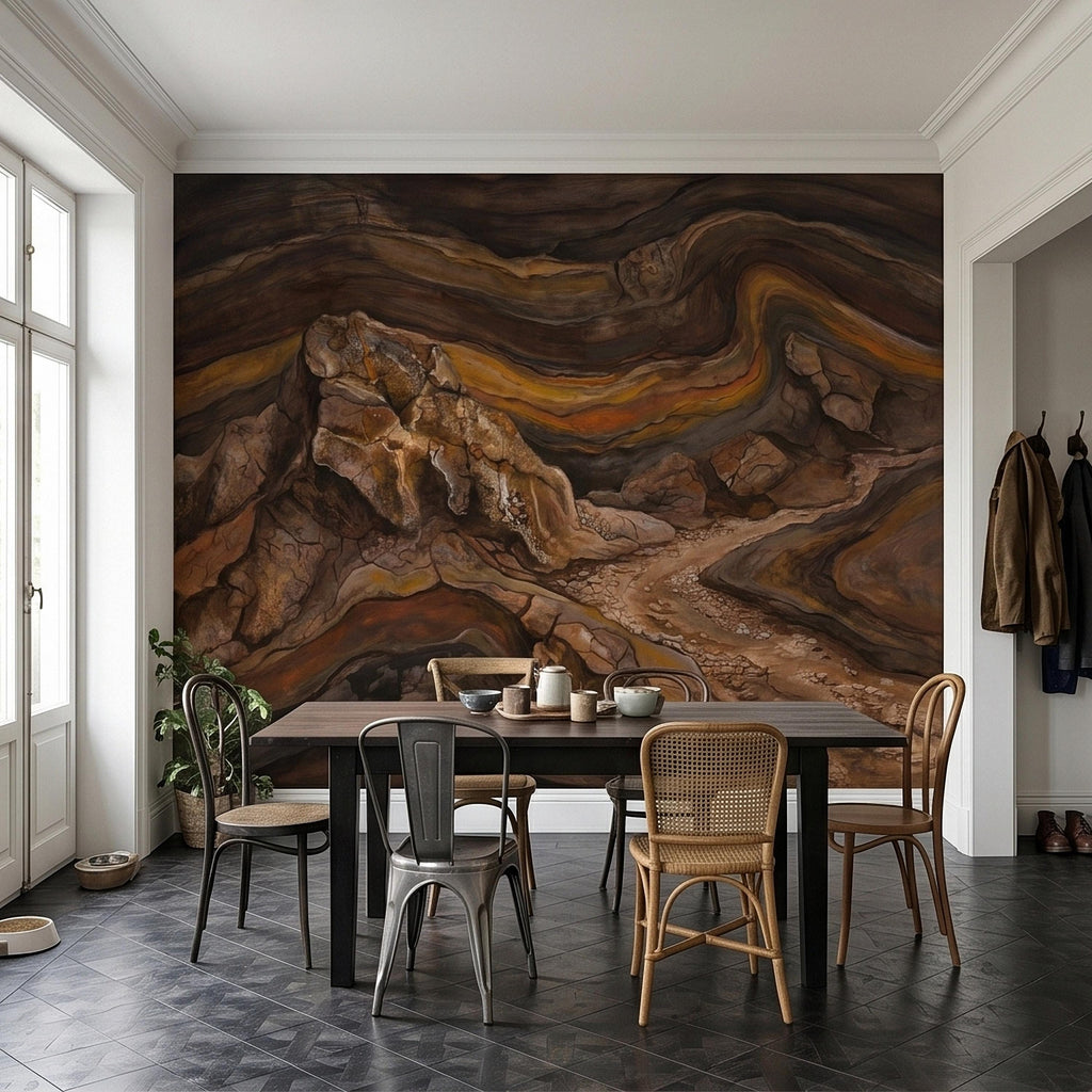 Abstract Canyon Rock Peel and Stick Wall Mural, Earth Tone Desert Landscape with Geologic Strata, Rustic Wabi Sabi Textured Wallpaper
