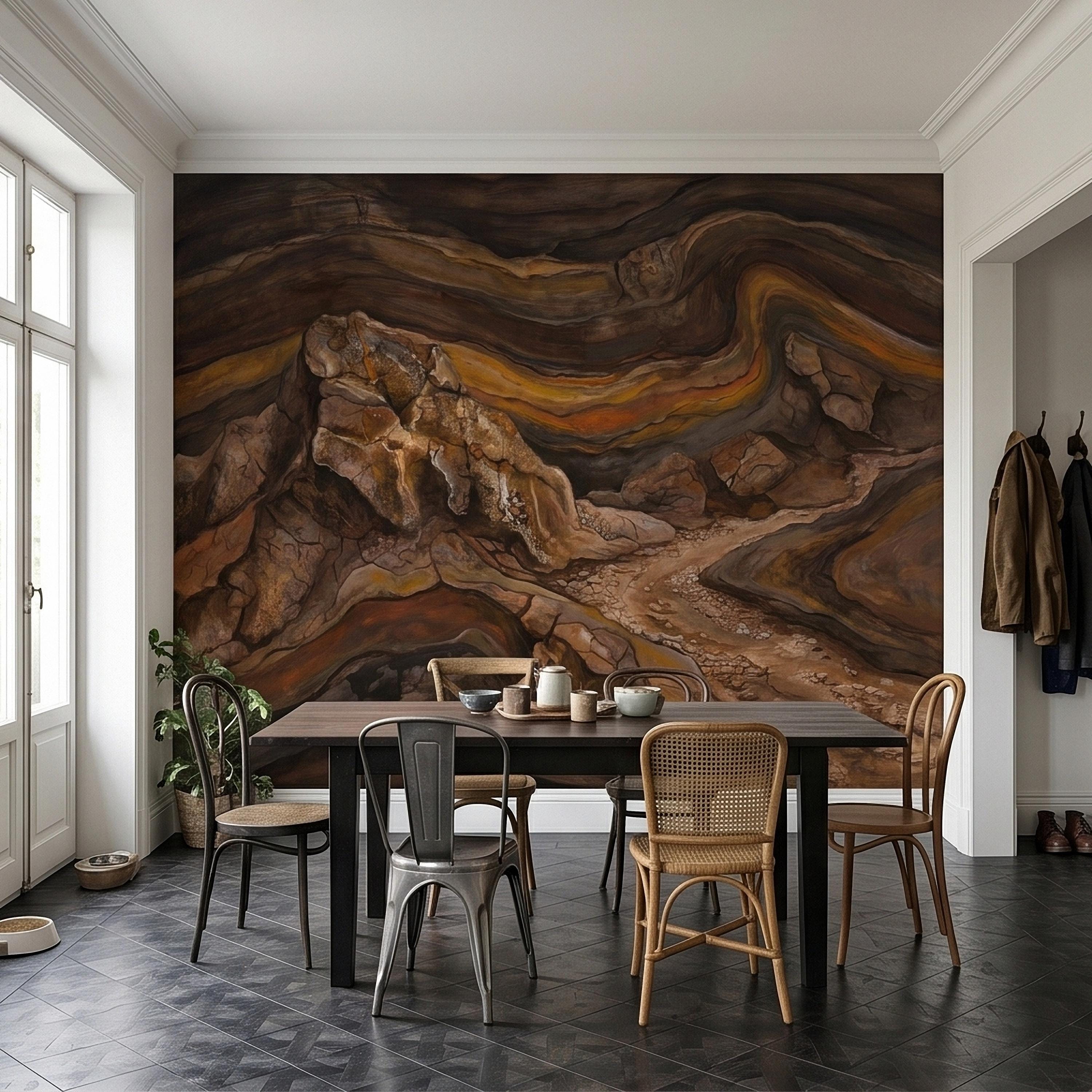 Abstract Canyon Rock Peel and Stick Wall Mural, Earth Tone Desert Landscape with Geologic Strata, Rustic Wabi Sabi Textured Wallpaper