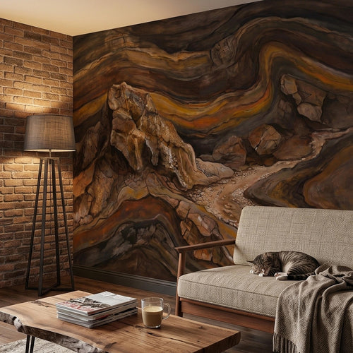 Abstract Canyon Rock Peel and Stick Wall Mural, Earth Tone Desert Landscape with Geologic Strata, Rustic Wabi Sabi Textured Wallpaper