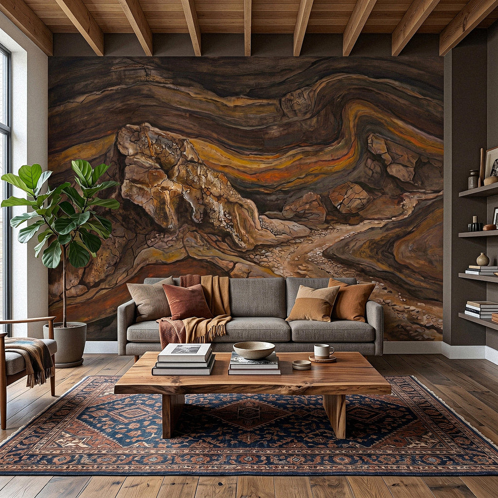 Abstract Canyon Rock Peel and Stick Wall Mural, Earth Tone Desert Landscape with Geologic Strata, Rustic Wabi Sabi Textured Wallpaper