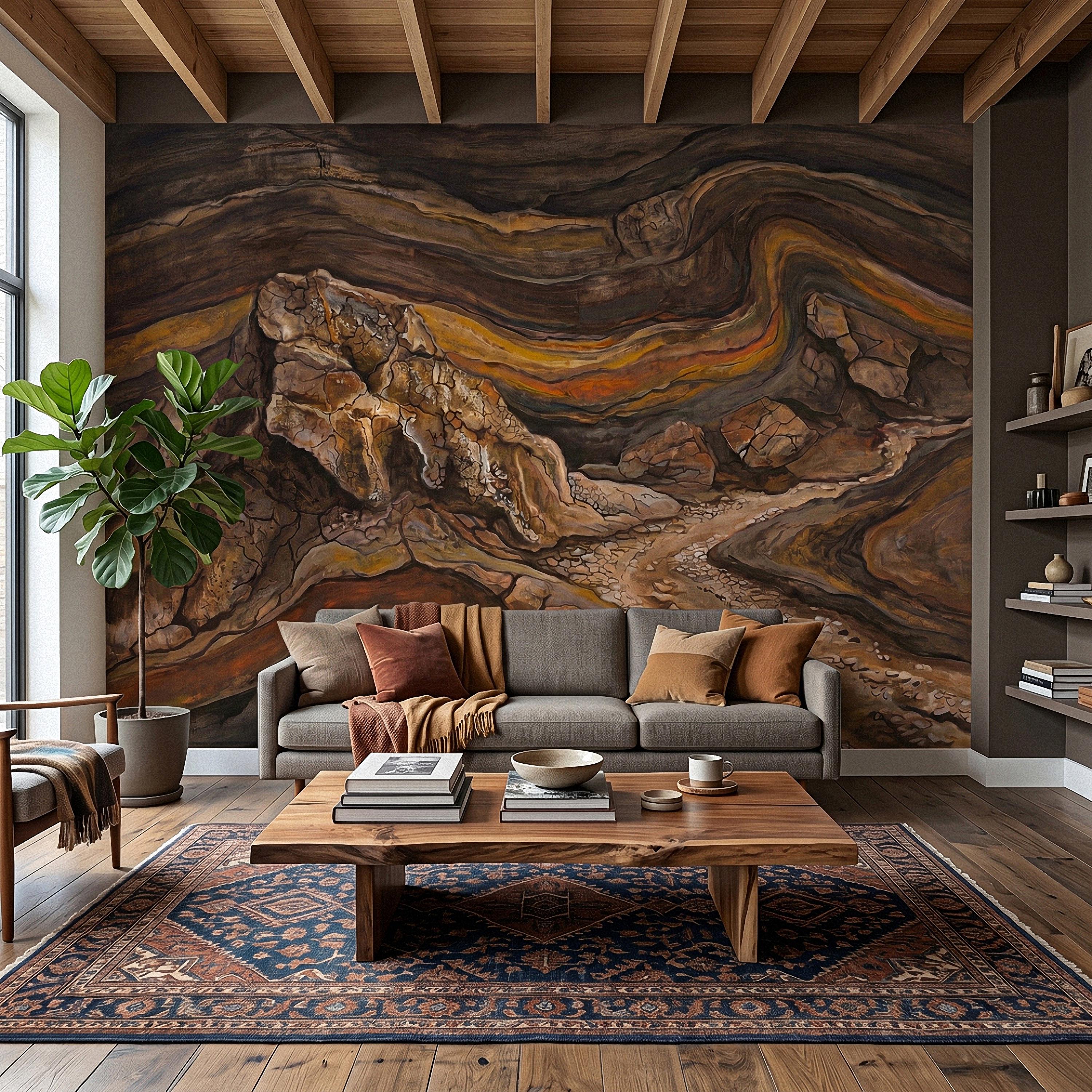 Abstract Canyon Rock Peel and Stick Wall Mural, Earth Tone Desert Landscape with Geologic Strata, Rustic Wabi Sabi Textured Wallpaper