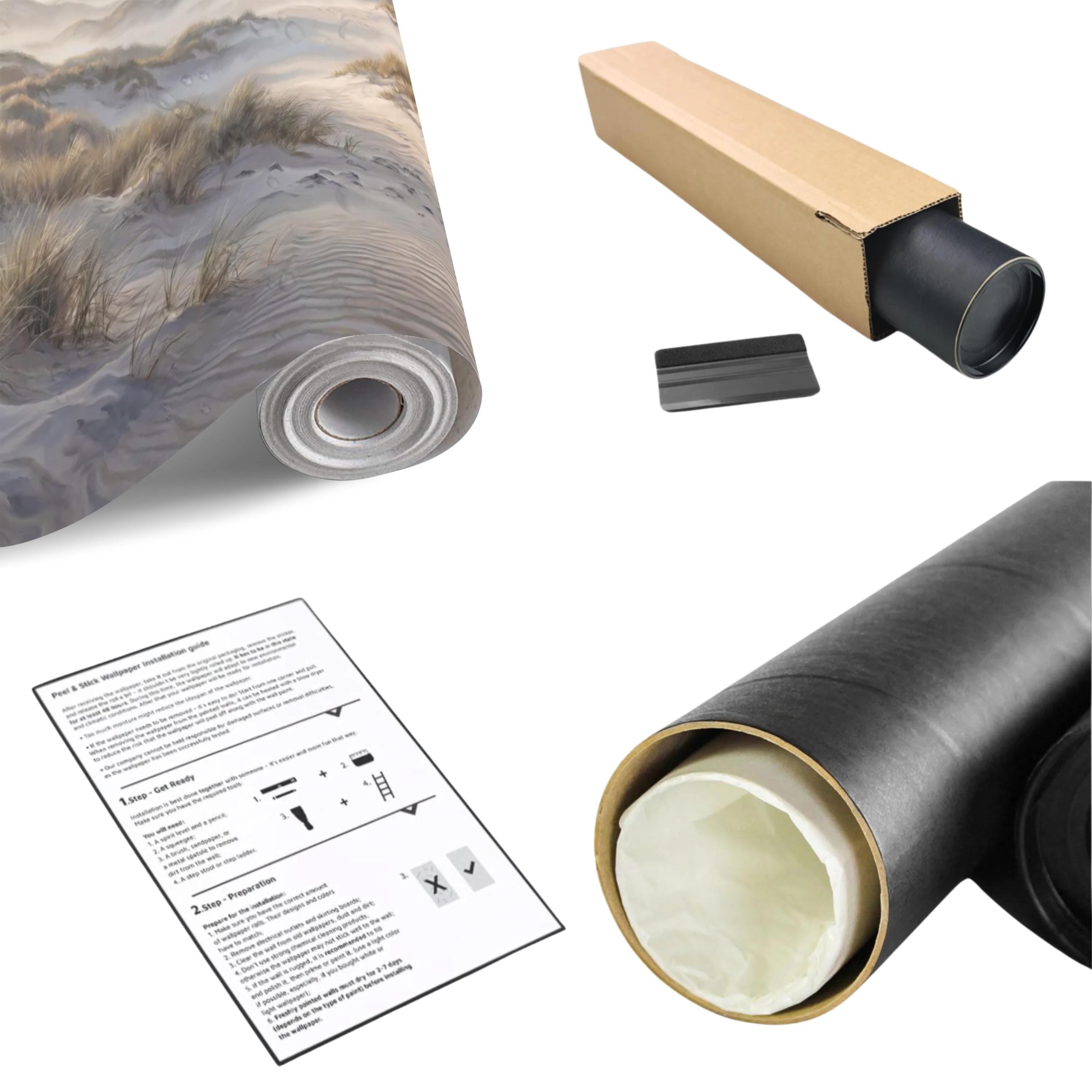 Coastal Sand Dunes Peel and Stick Wall Mural, Soft Neutral Beach Landscape with Sea Grass and Misty Horizon, Calm Minimal Wallpaper
