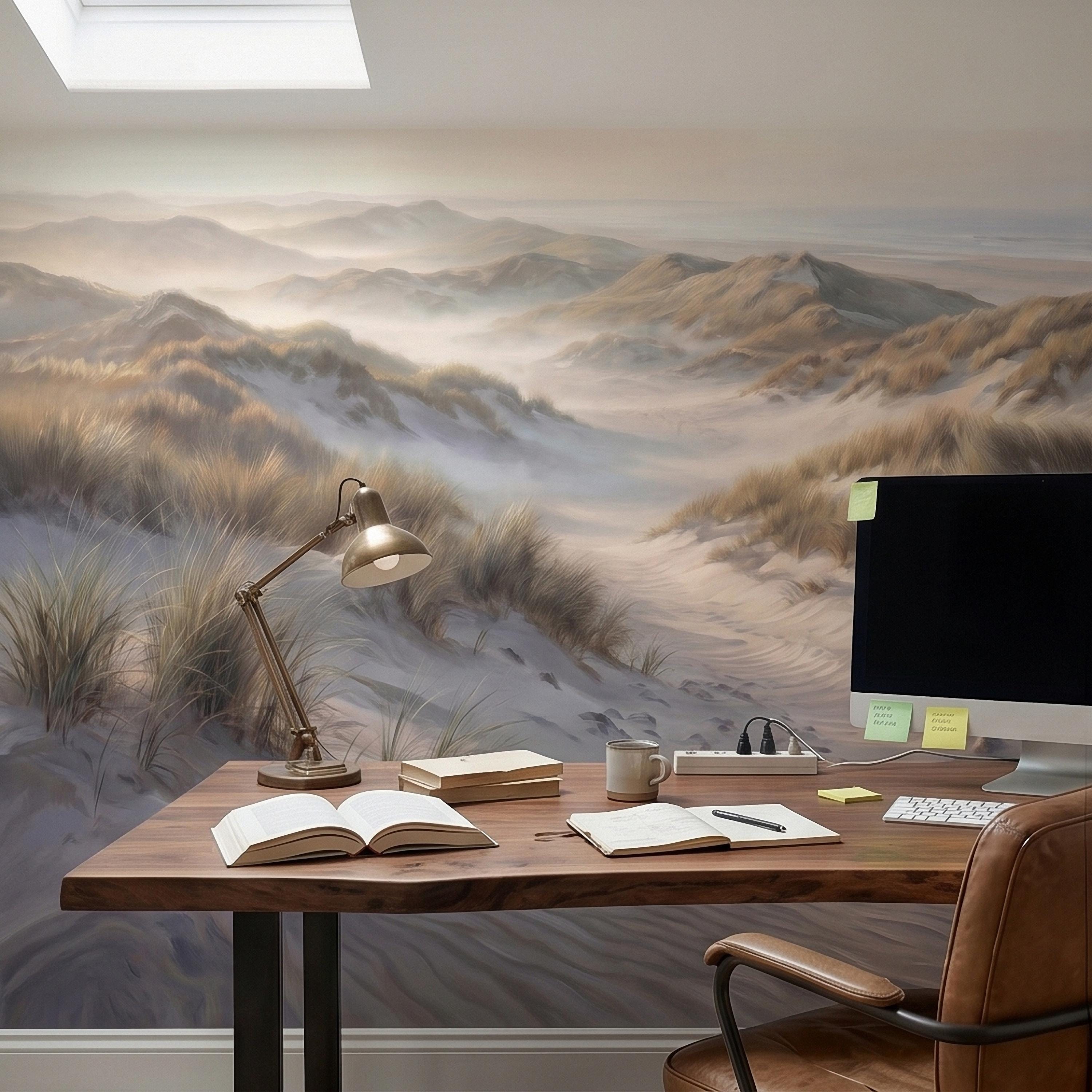 Coastal Sand Dunes Peel and Stick Wall Mural, Soft Neutral Beach Landscape with Sea Grass and Misty Horizon, Calm Minimal Wallpaper