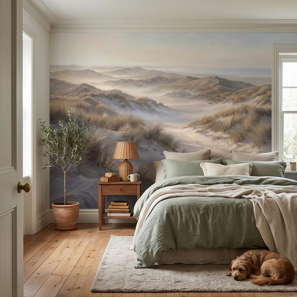 Coastal Sand Dunes Peel and Stick Wall Mural, Soft Neutral Beach Landscape with Sea Grass and Misty Horizon, Calm Minimal Wallpaper